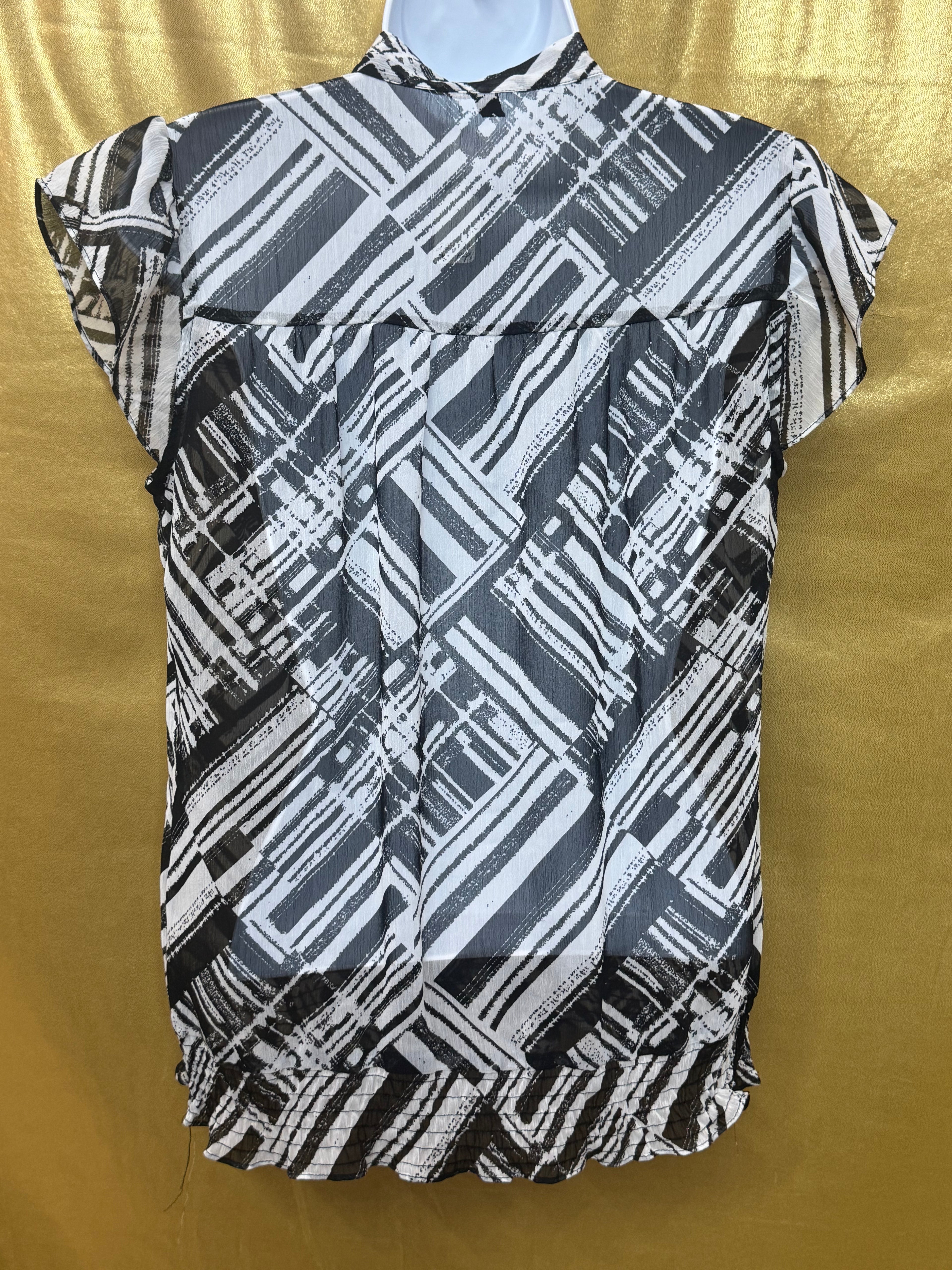 Madison Abstract Graphic Tie-Neck Blouse | Black & White Cap Sleeve Top, Size S
