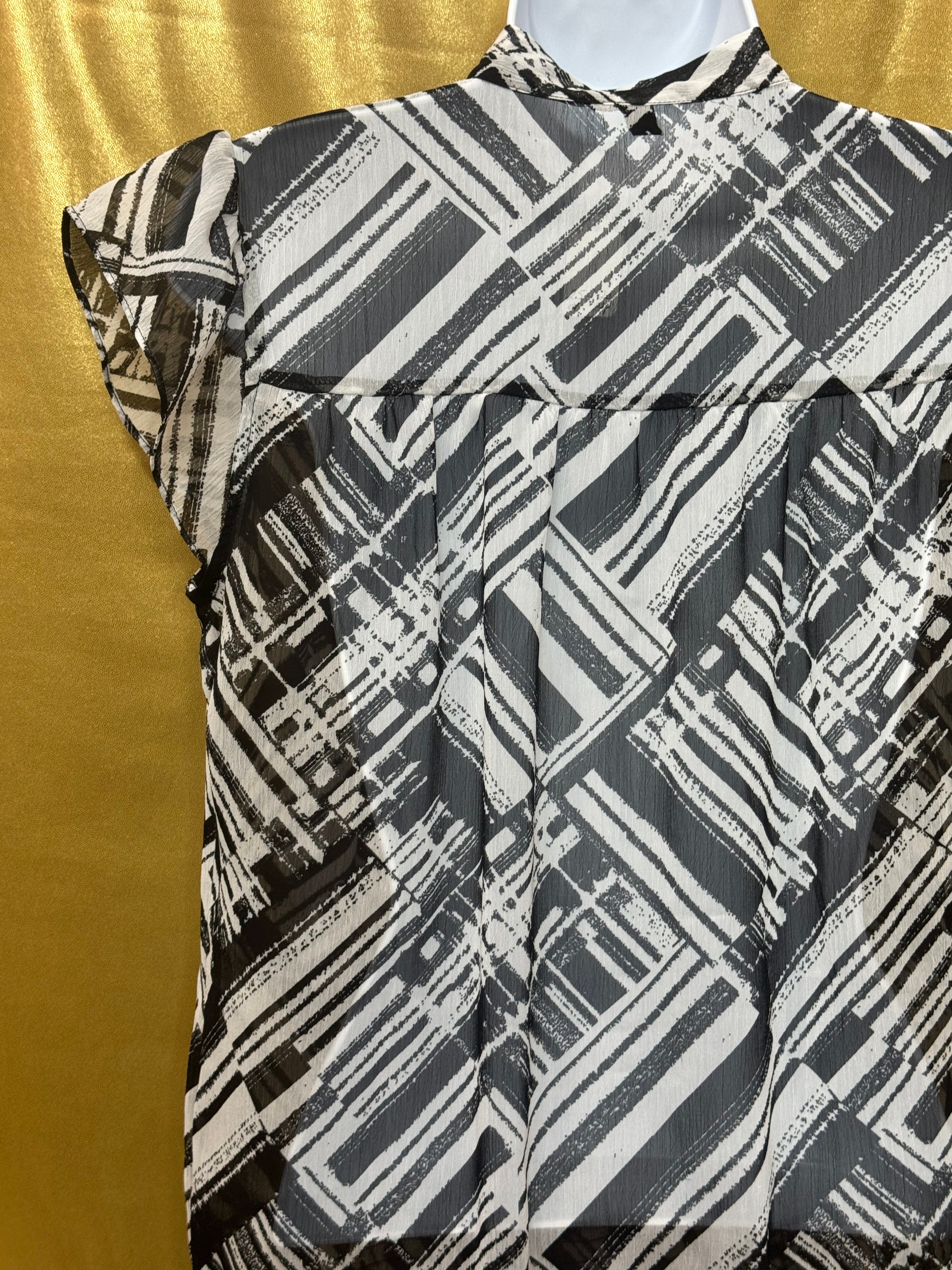 Madison Abstract Graphic Tie-Neck Blouse | Black & White Cap Sleeve Top, Size S