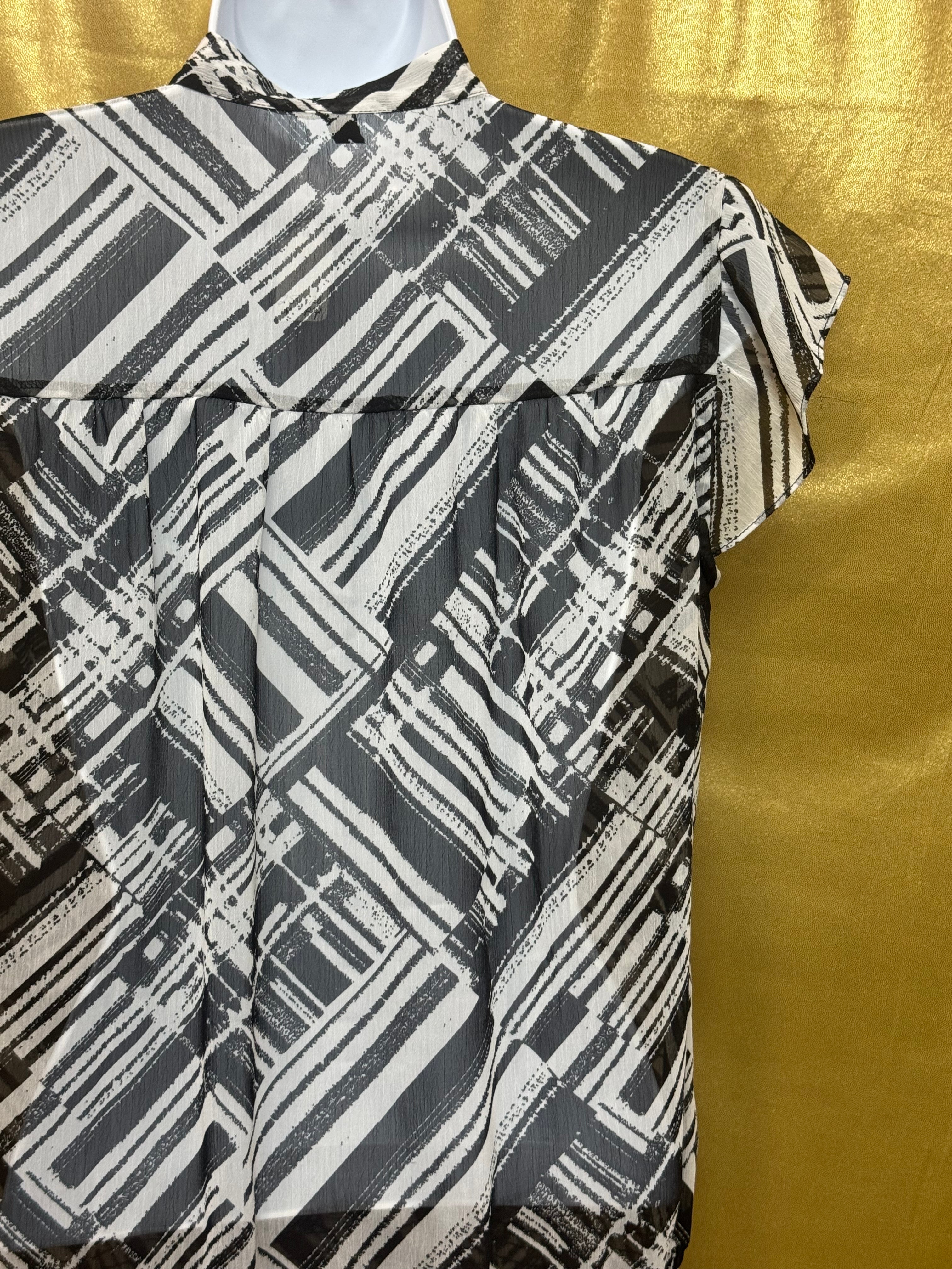 Madison Abstract Graphic Tie-Neck Blouse | Black & White Cap Sleeve Top, Size S