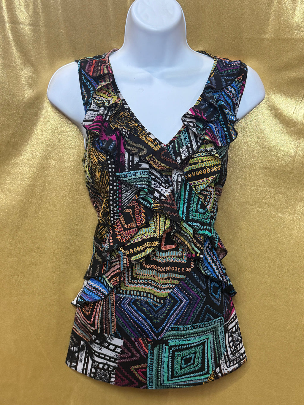 SPENSE Geometric Ruffle V-Neck Sleeveless Top - Size Small