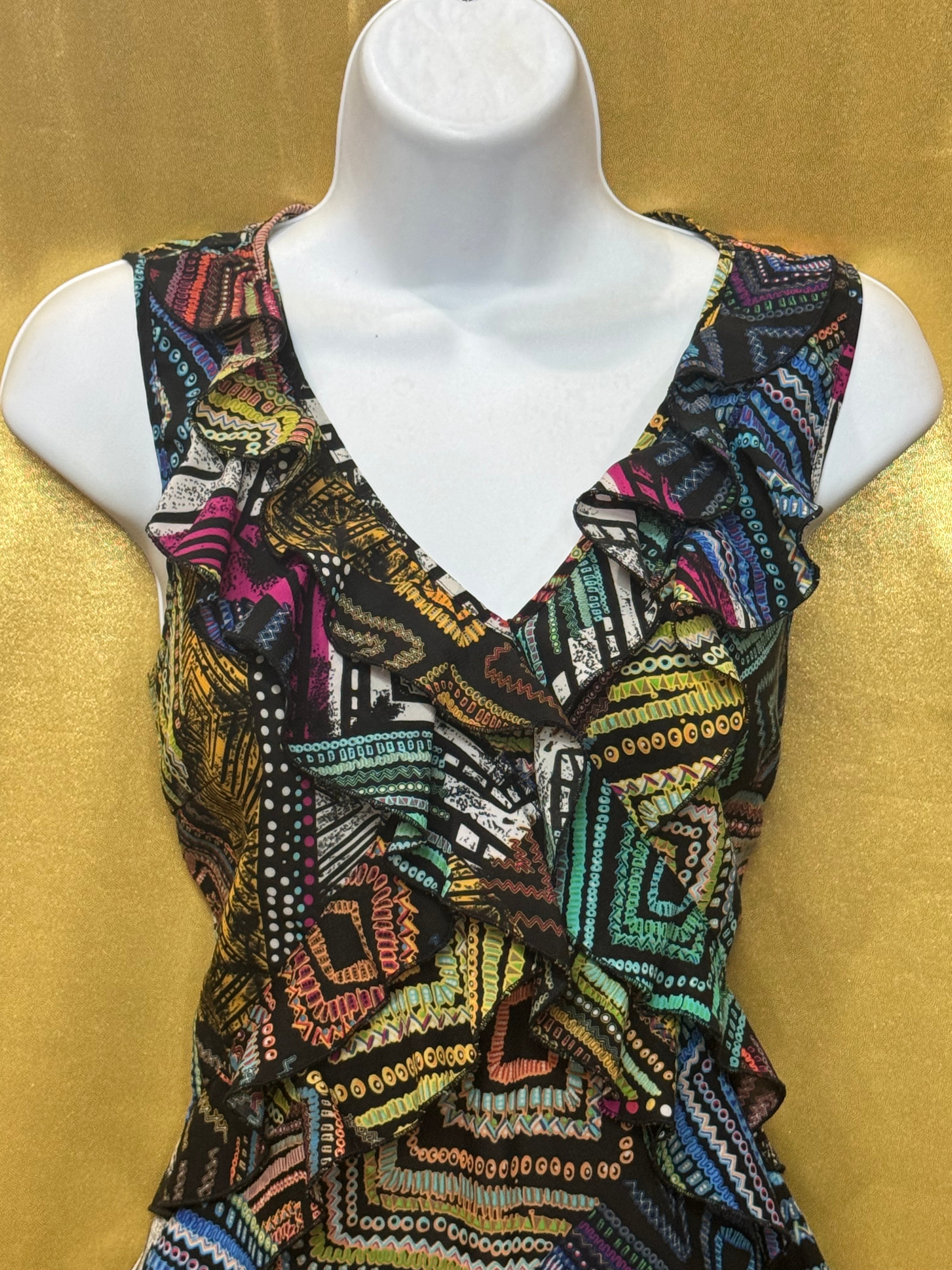 SPENSE Geometric Ruffle V-Neck Sleeveless Top - Size Small