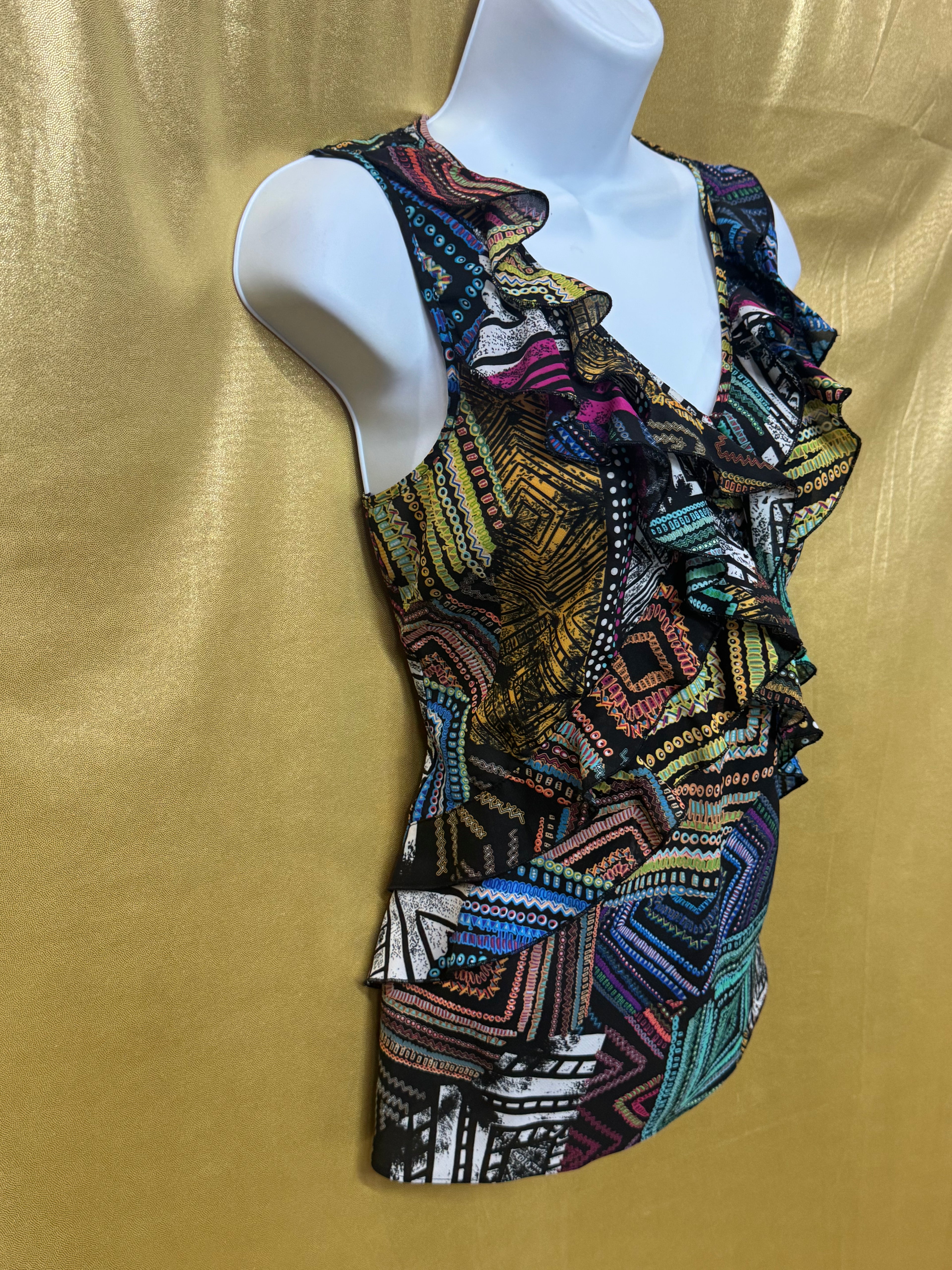 SPENSE Geometric Ruffle V-Neck Sleeveless Top - Size Small