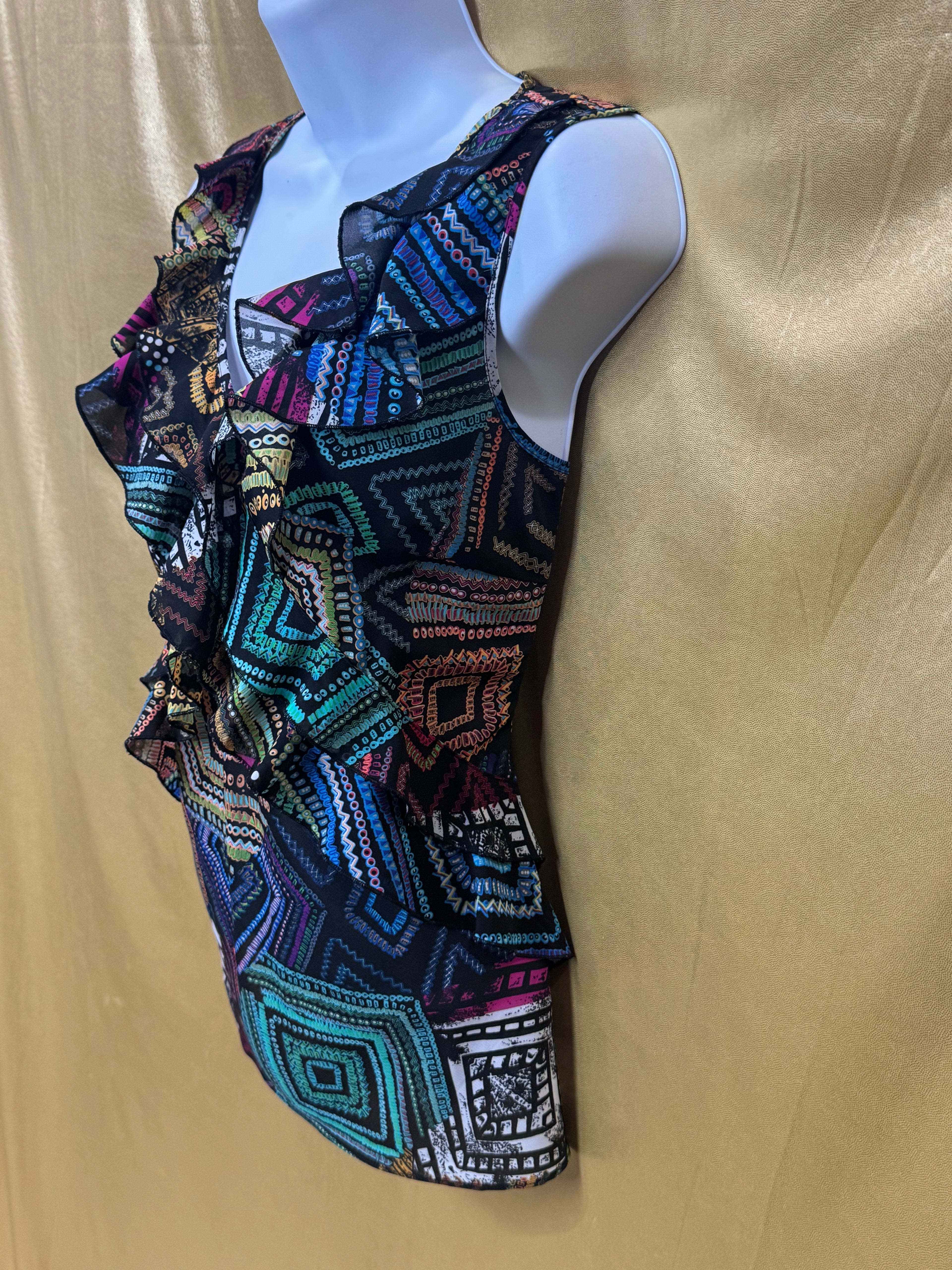 SPENSE Geometric Ruffle V-Neck Sleeveless Top - Size Small