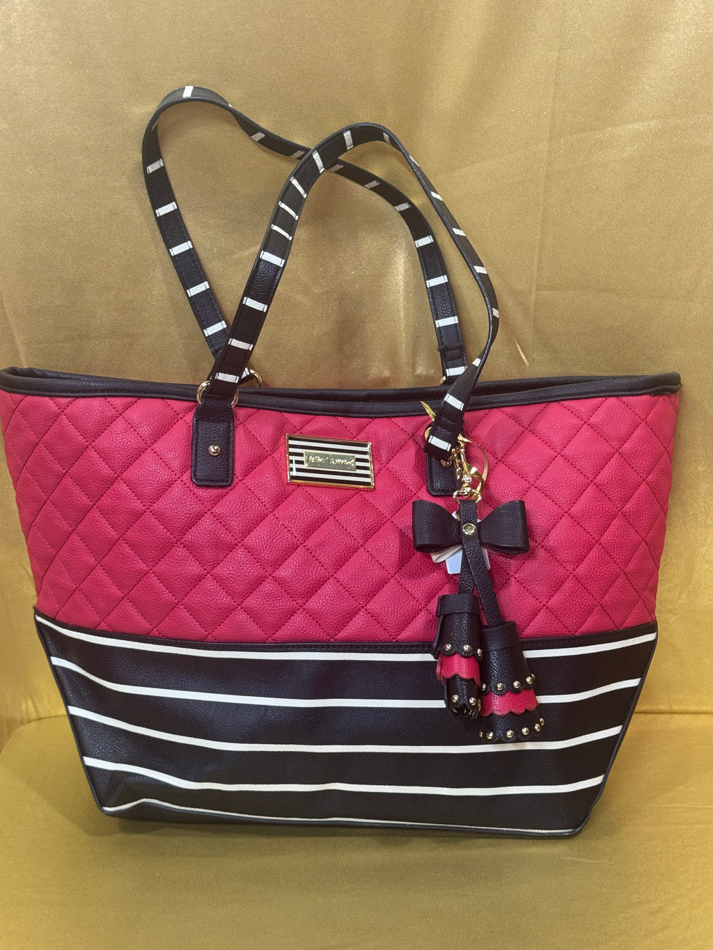 Betsey Johnson Red Quilted  & Striped Tote Bag with Bow Charm