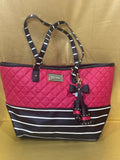 Betsey Johnson Red Quilted  & Striped Tote Bag with Bow Charm