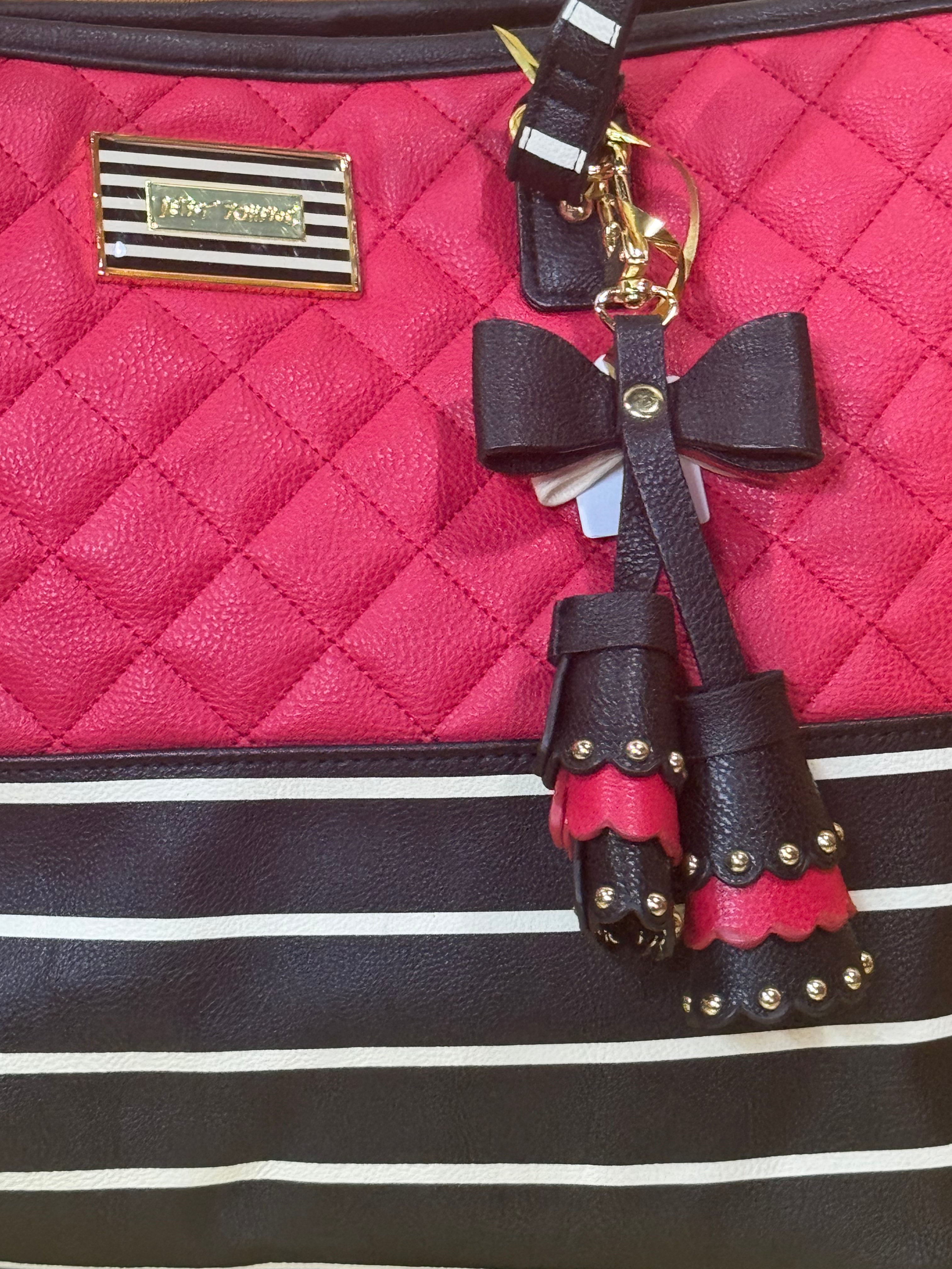 Betsey Johnson Red Quilted  & Striped Tote Bag with Bow Charm