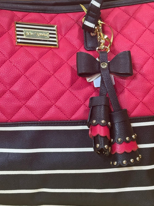 Betsey Johnson Red Quilted  & Striped Tote Bag with Bow Charm