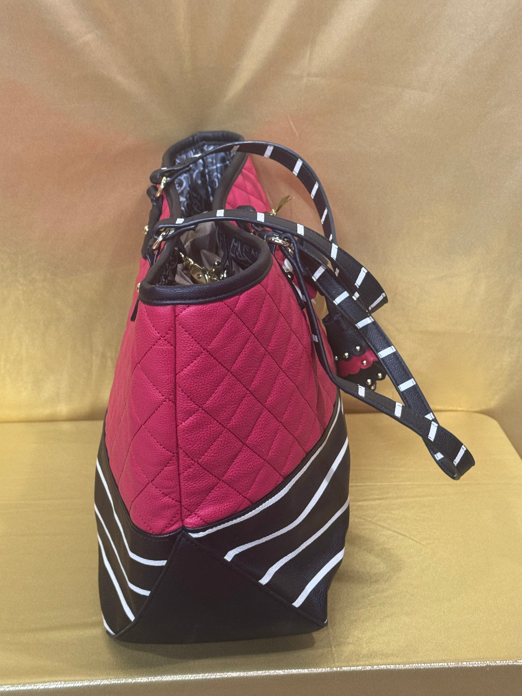 Betsey Johnson Red Quilted  & Striped Tote Bag with Bow Charm