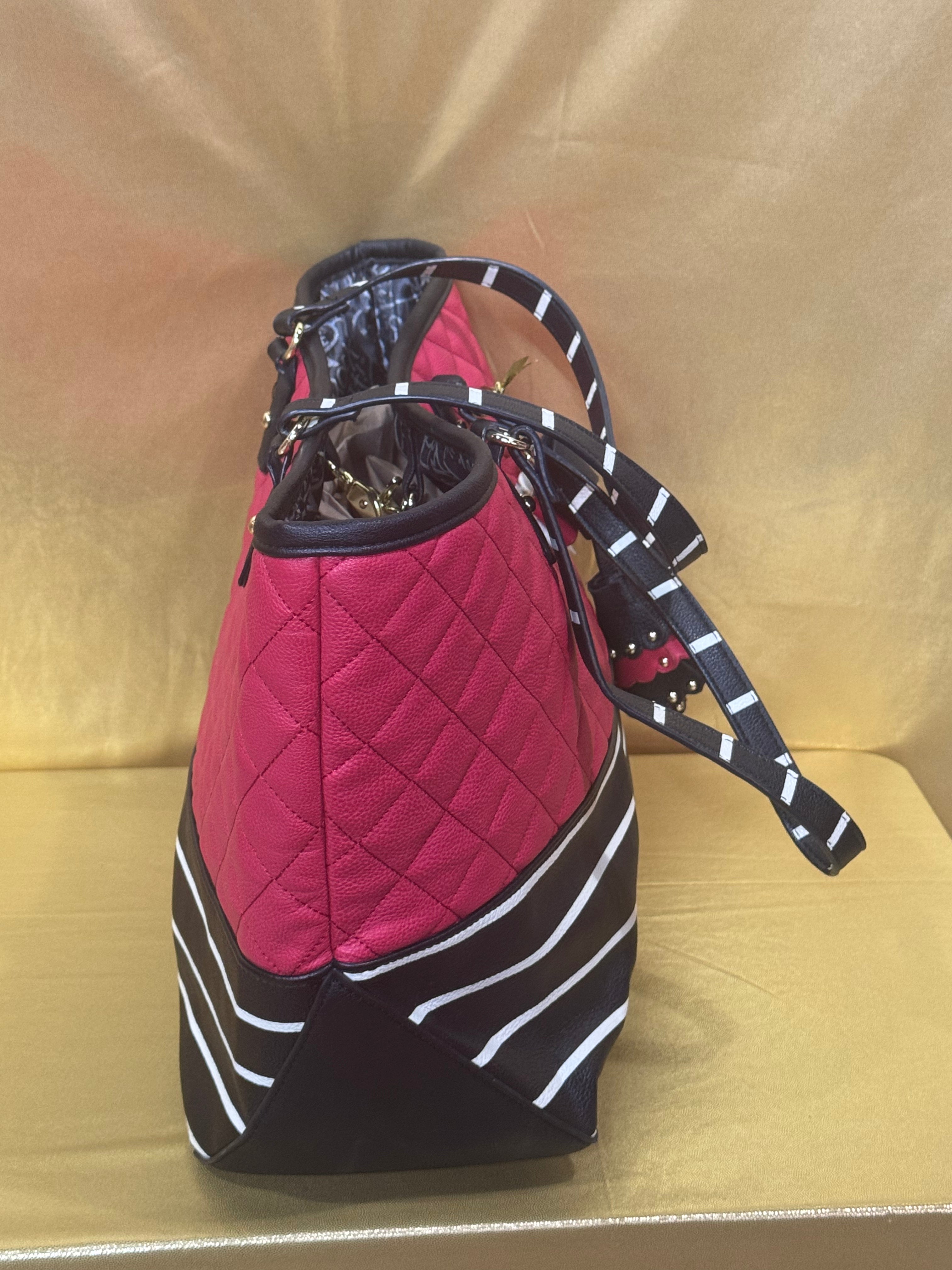 Betsey Johnson Red Quilted  & Striped Tote Bag with Bow Charm
