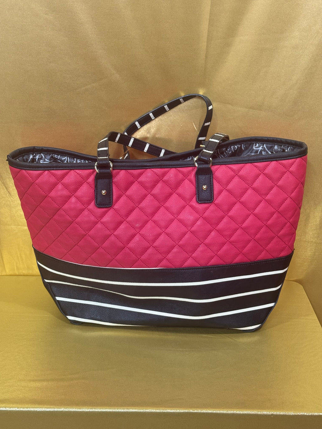 Betsey Johnson Red Quilted  & Striped Tote Bag with Bow Charm