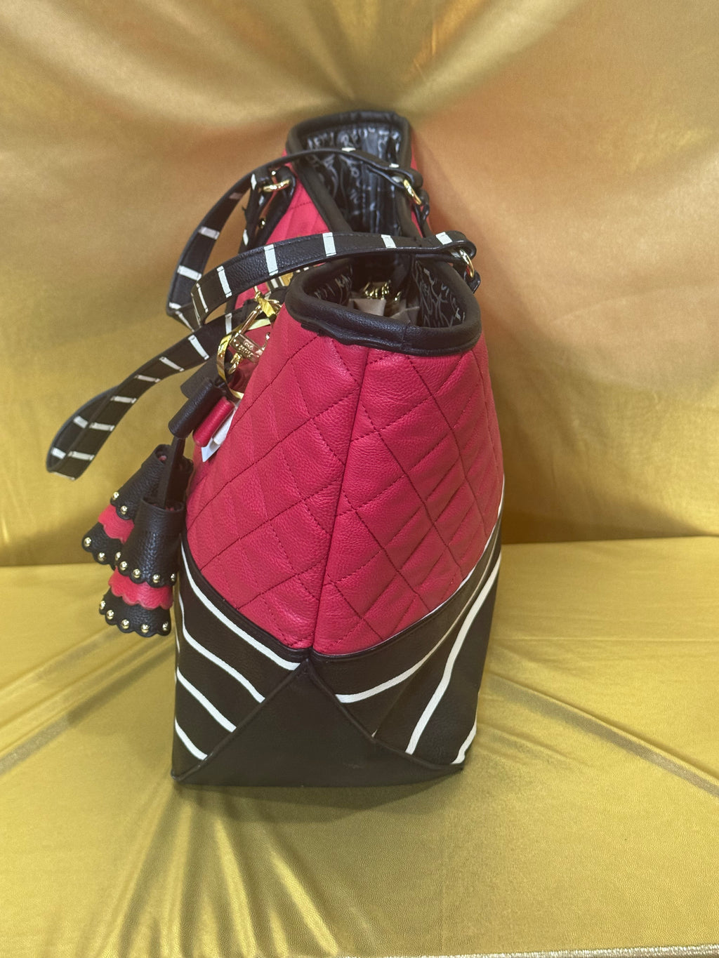 Betsey Johnson Red Quilted  & Striped Tote Bag with Bow Charm