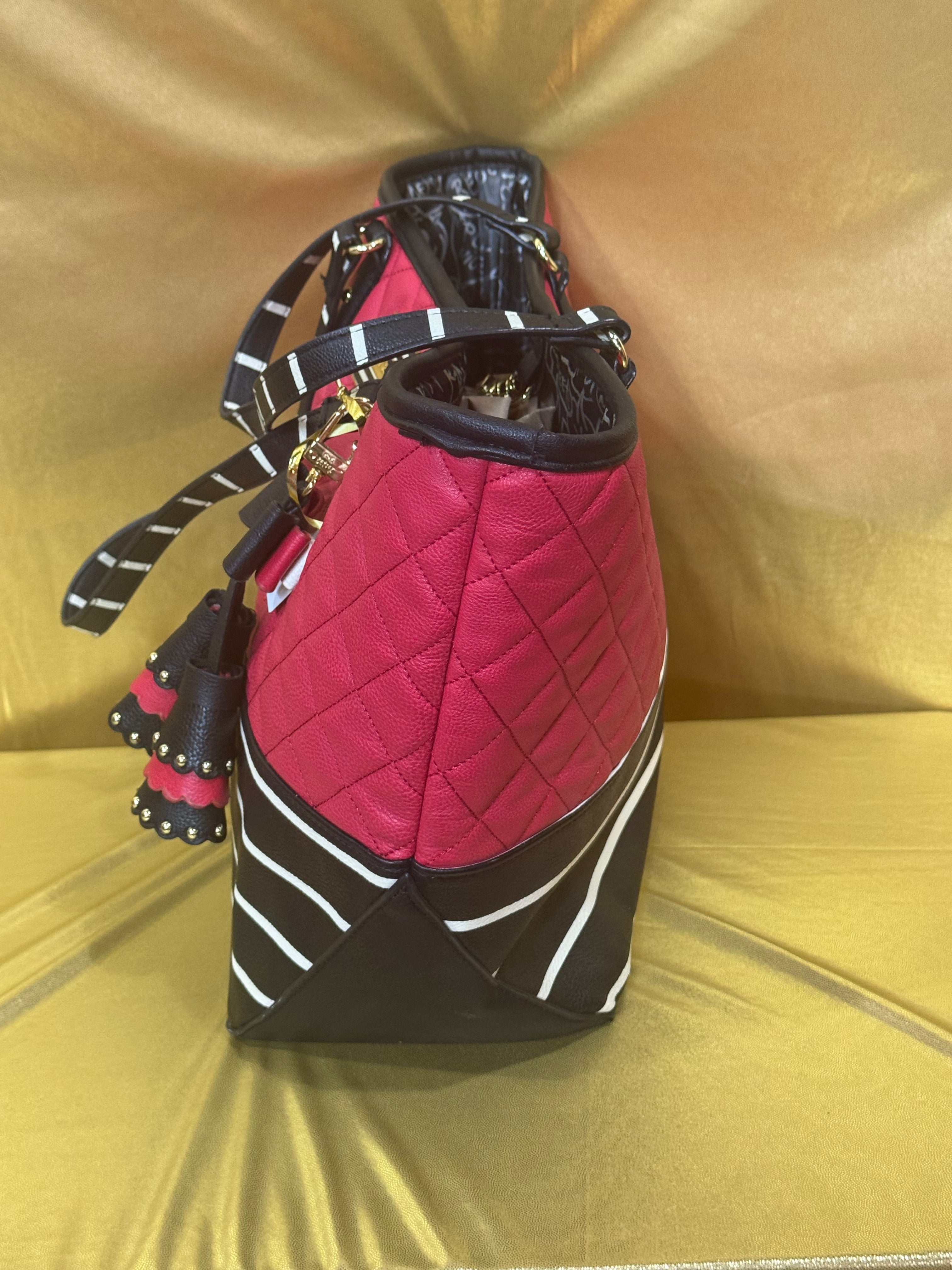 Betsey Johnson Red Quilted  & Striped Tote Bag with Bow Charm
