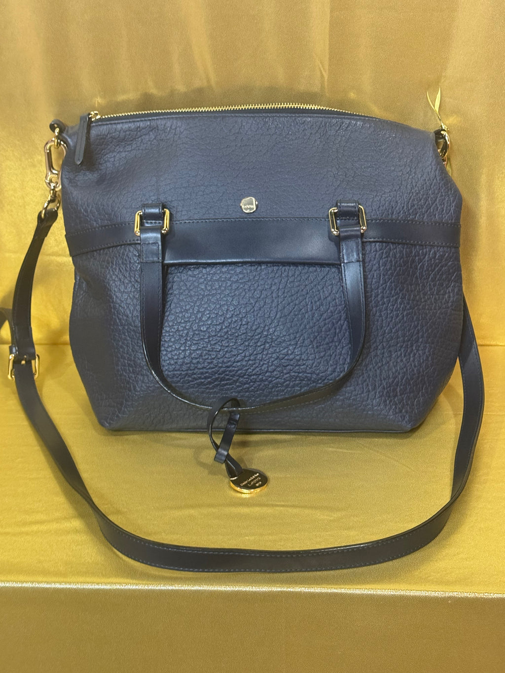 Lodis "Under Lock & Key" Navy Blue Pebbled Leather Satchel Carryall Bag