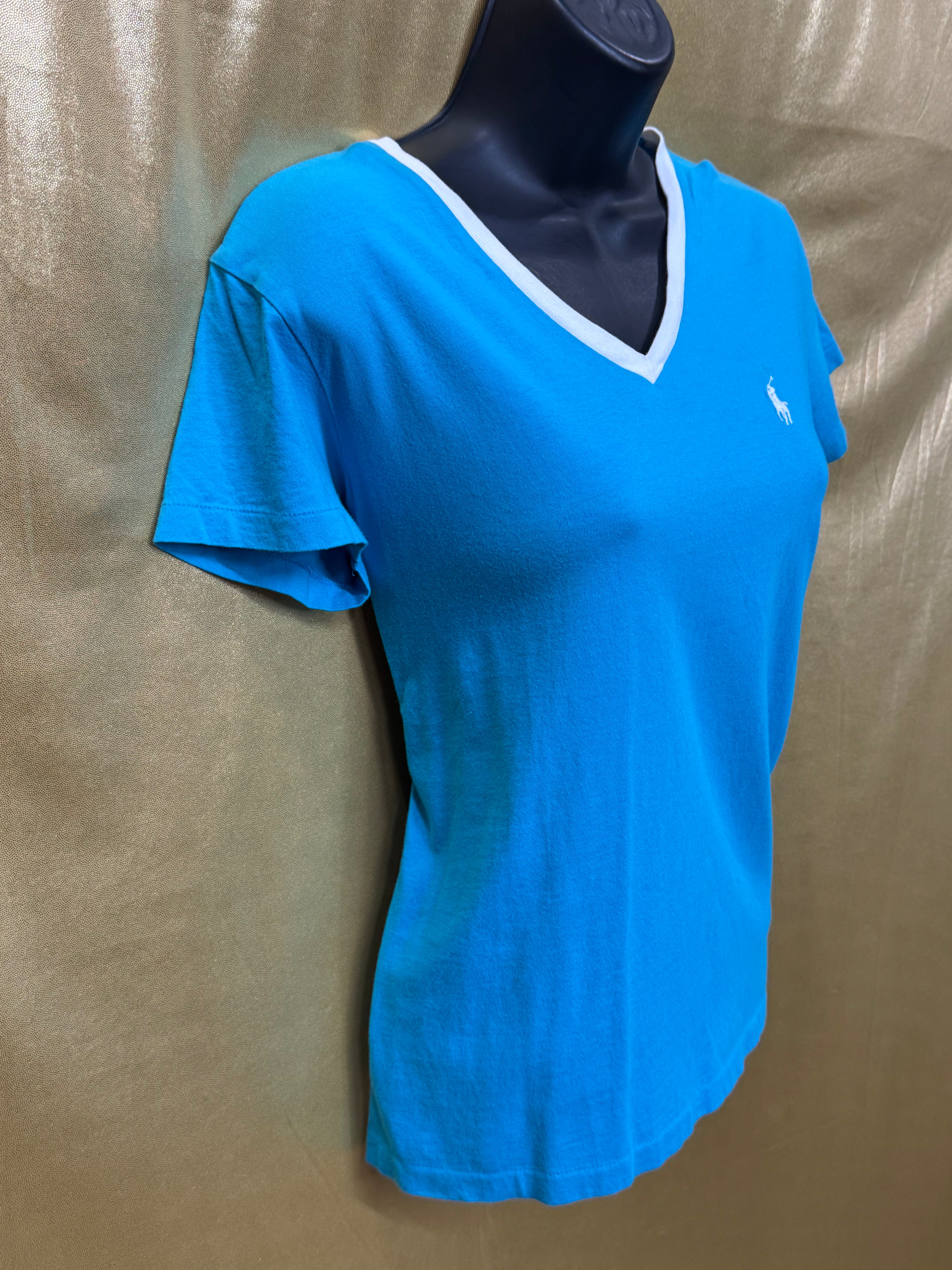 Ralph Lauren Sport Turquoise V-Neck Tee - Size S (100% Cotton)