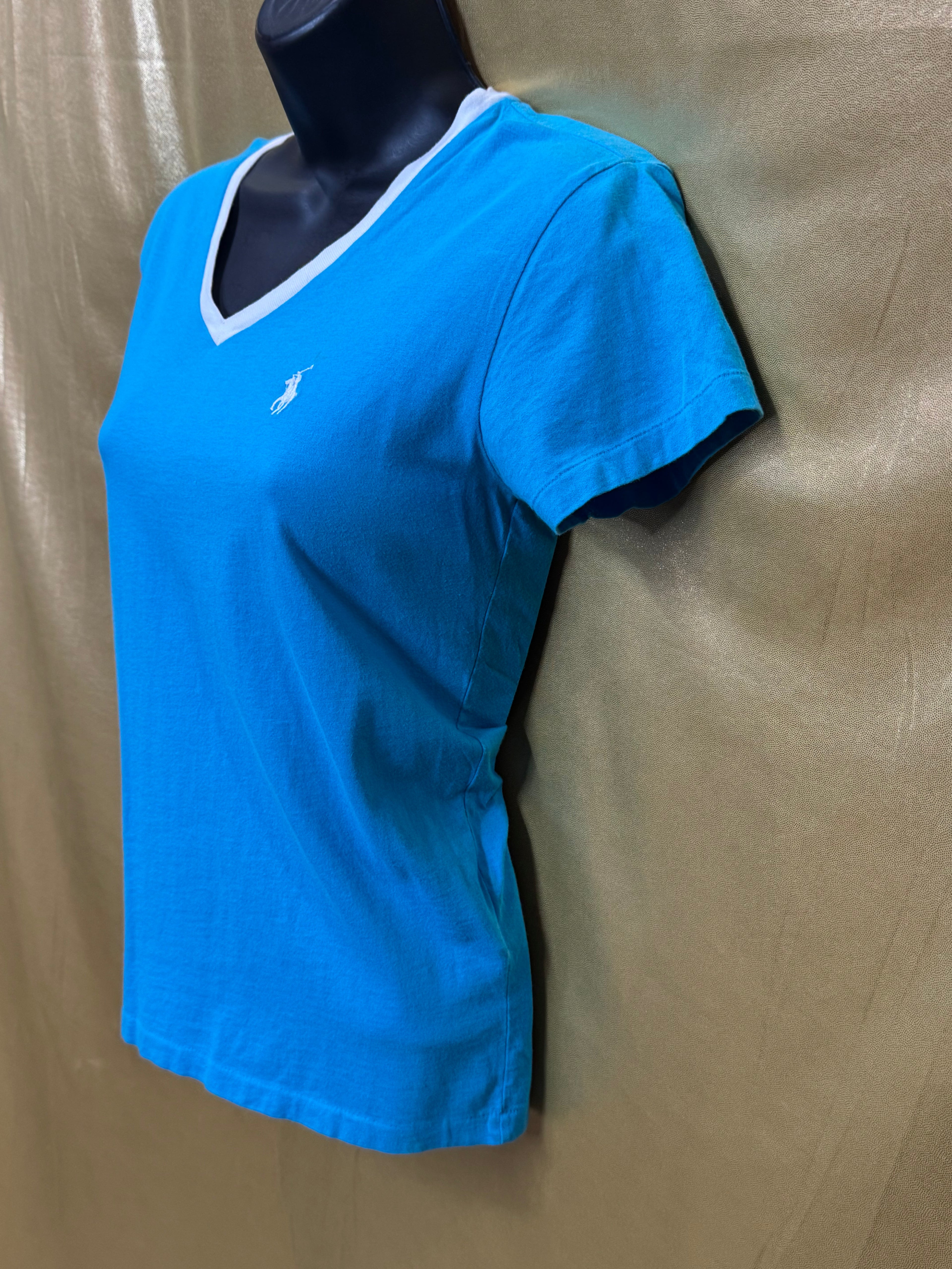 Ralph Lauren Sport Turquoise V-Neck Tee - Size S (100% Cotton)