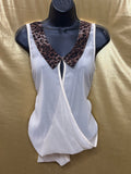 YA Los Angeles Cream Wrap Blouse Silk Blend Leopard Collar Small NWT