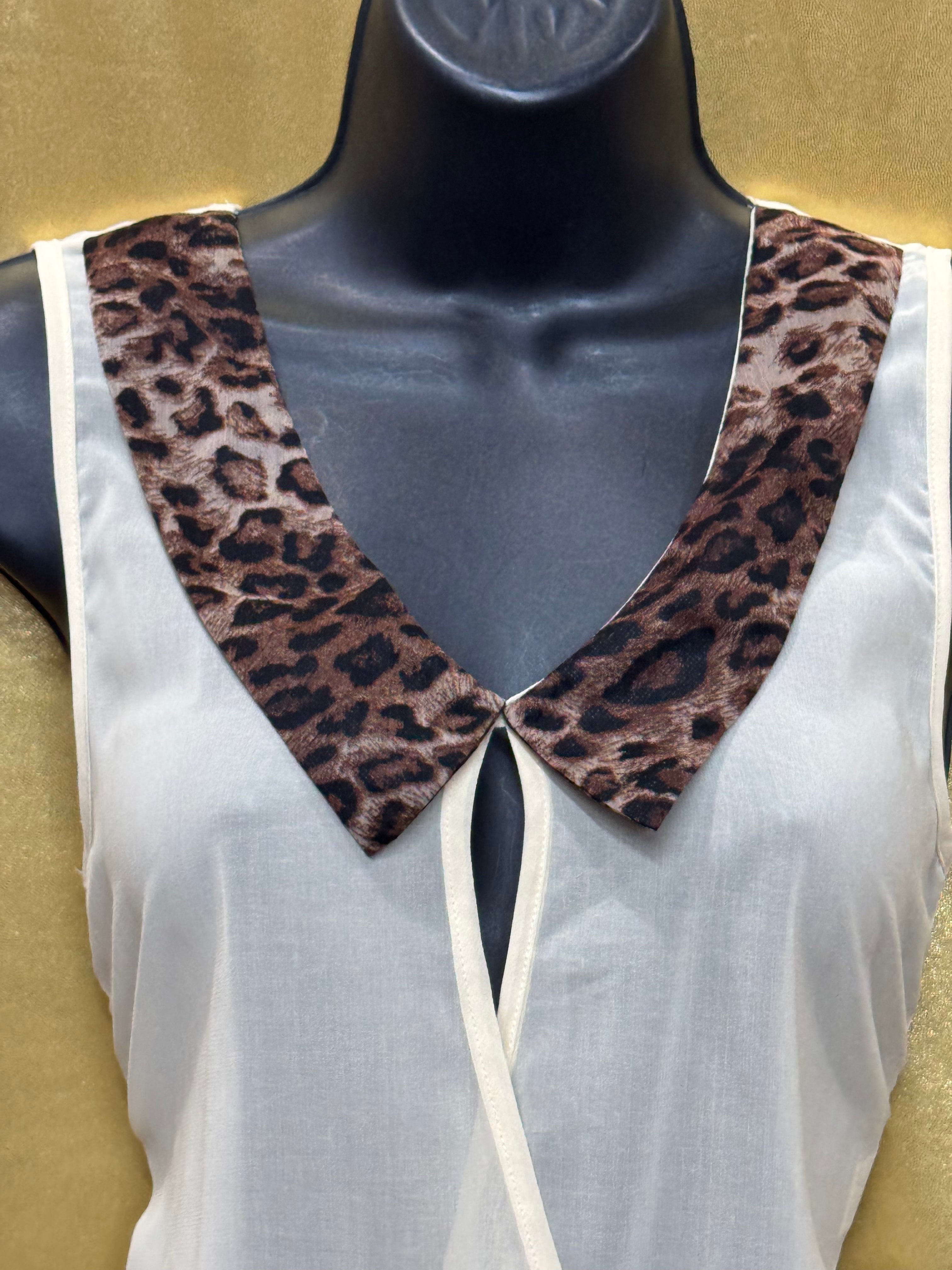 YA Los Angeles Cream Wrap Blouse Silk Blend Leopard Collar Small NWT