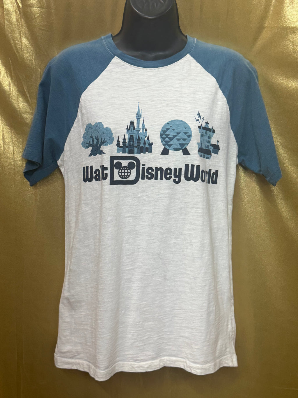 Walt Disney World Four Parks Icons Raglan T-Shirt Small Cream Blue