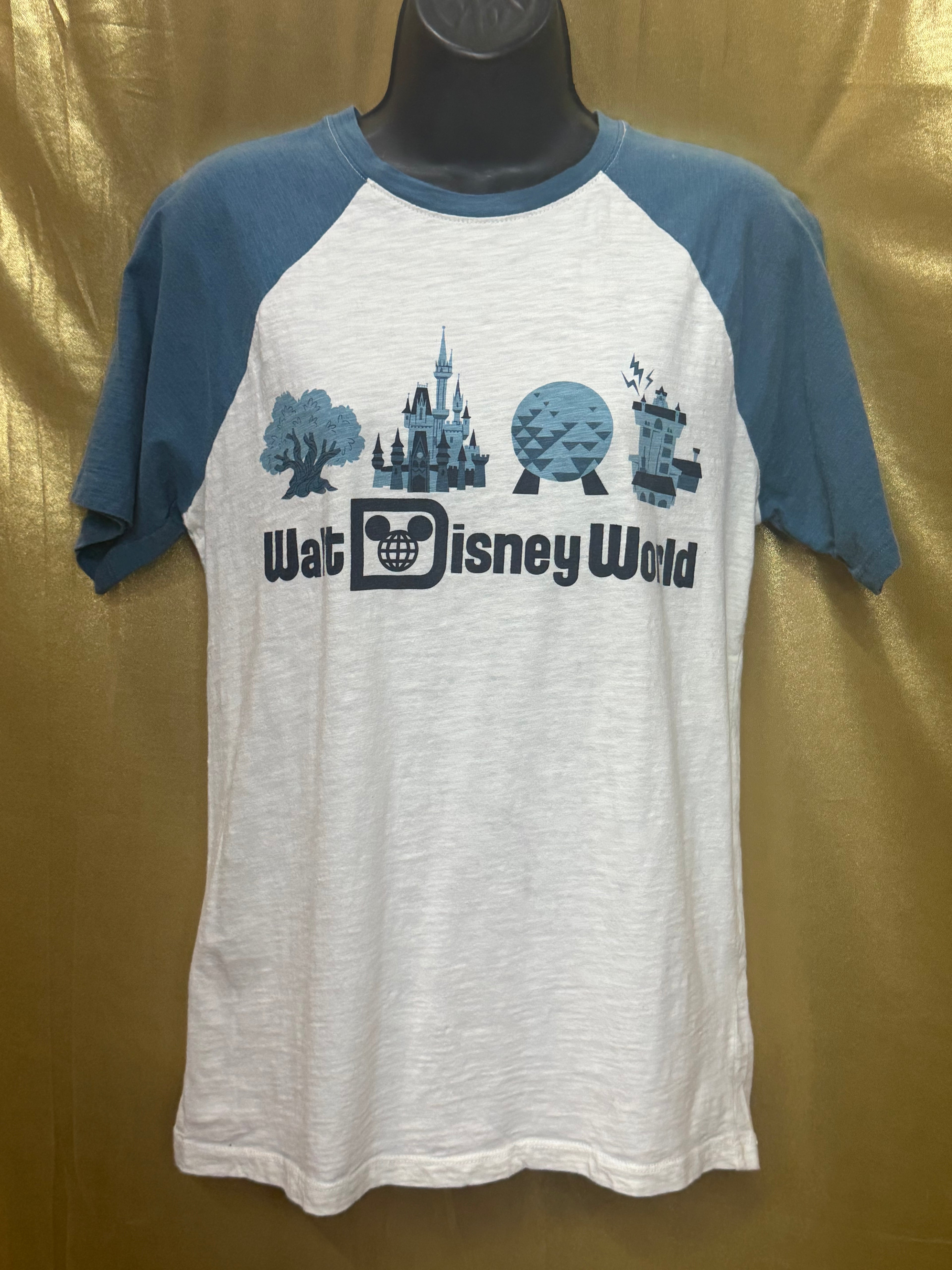 Walt Disney World Four Parks Icons Raglan T-Shirt Small Cream Blue