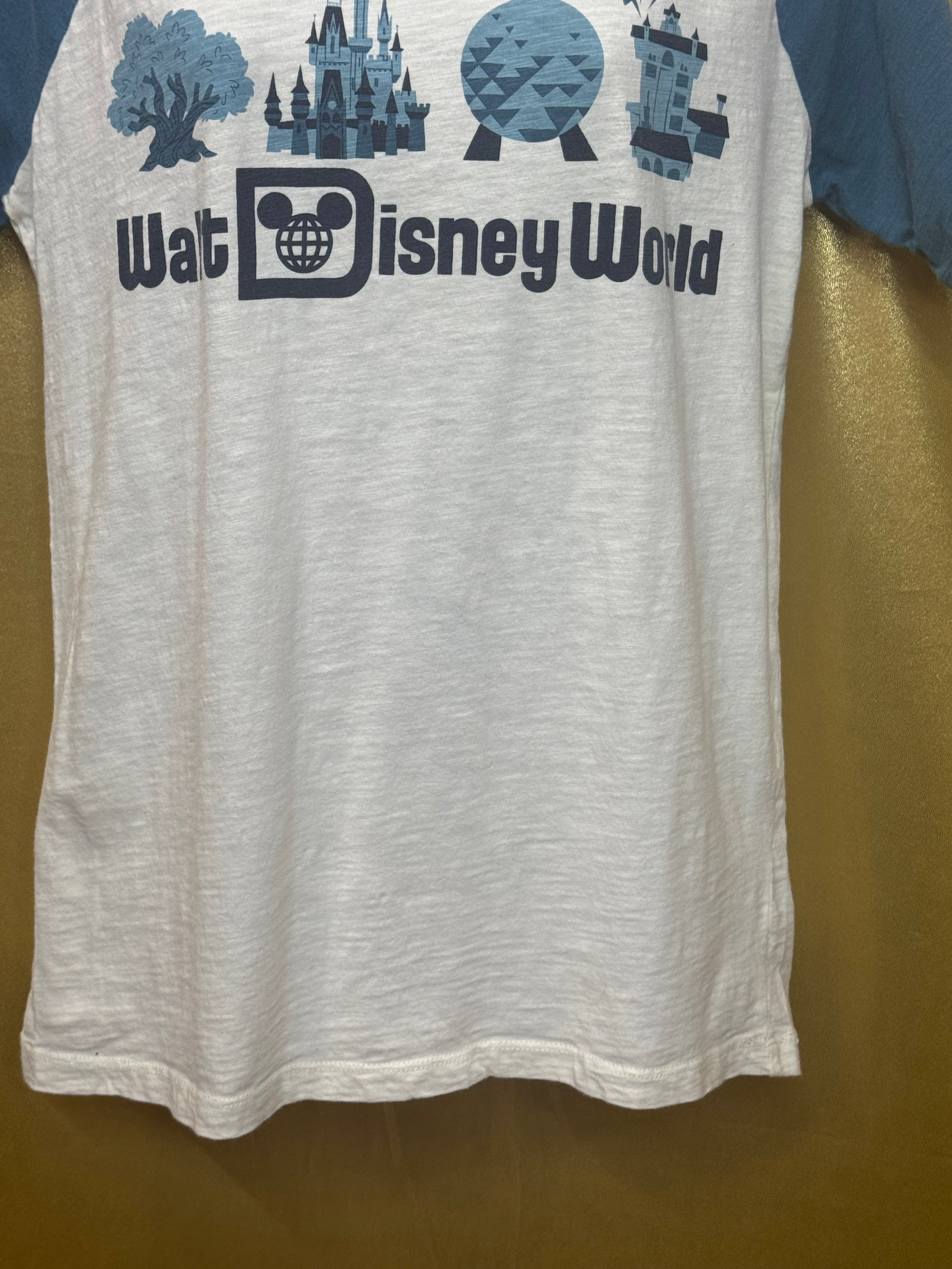 Walt Disney World Four Parks Icons Raglan T-Shirt Small Cream Blue