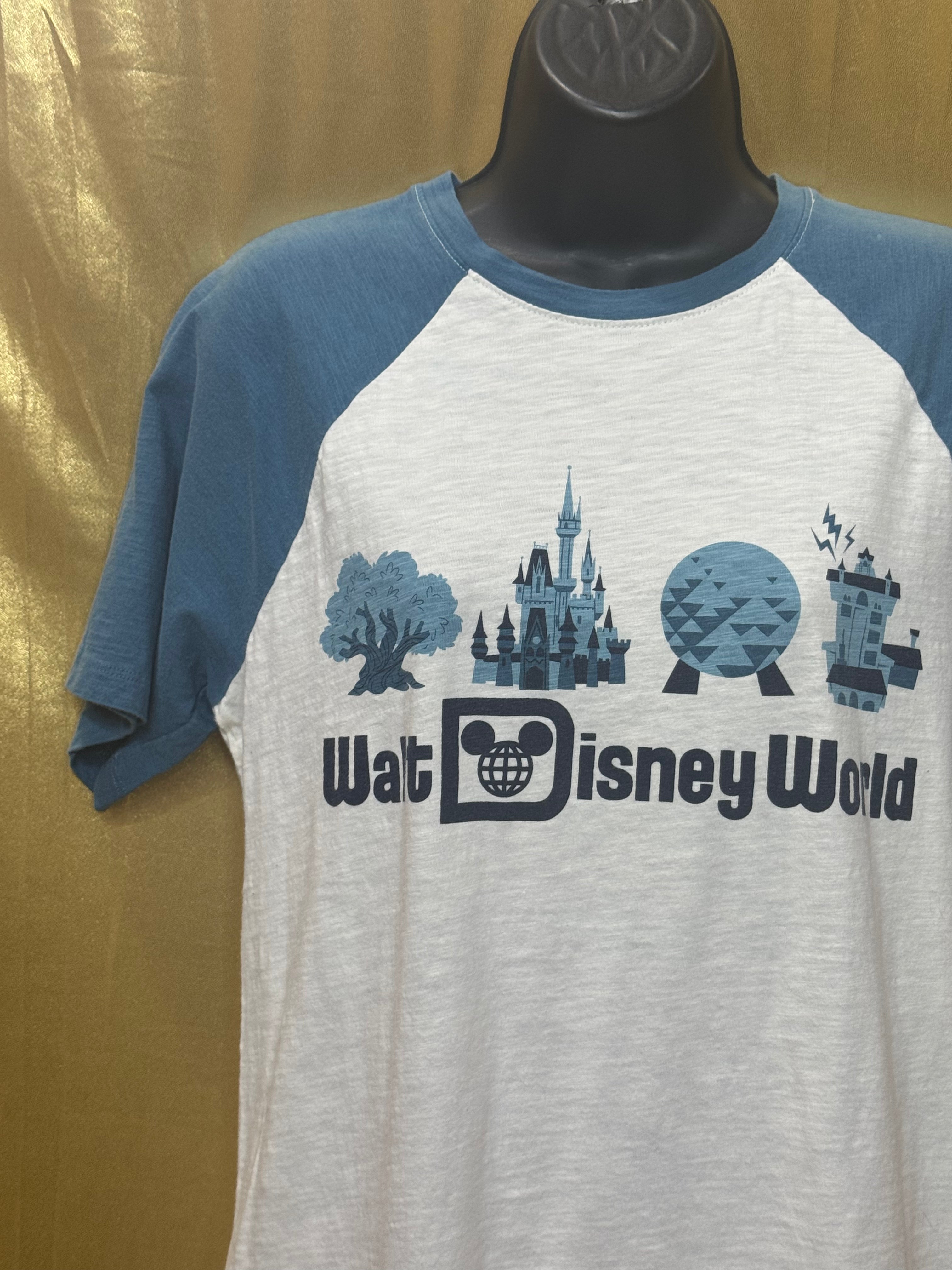 Walt Disney World Four Parks Icons Raglan T-Shirt Small Cream Blue