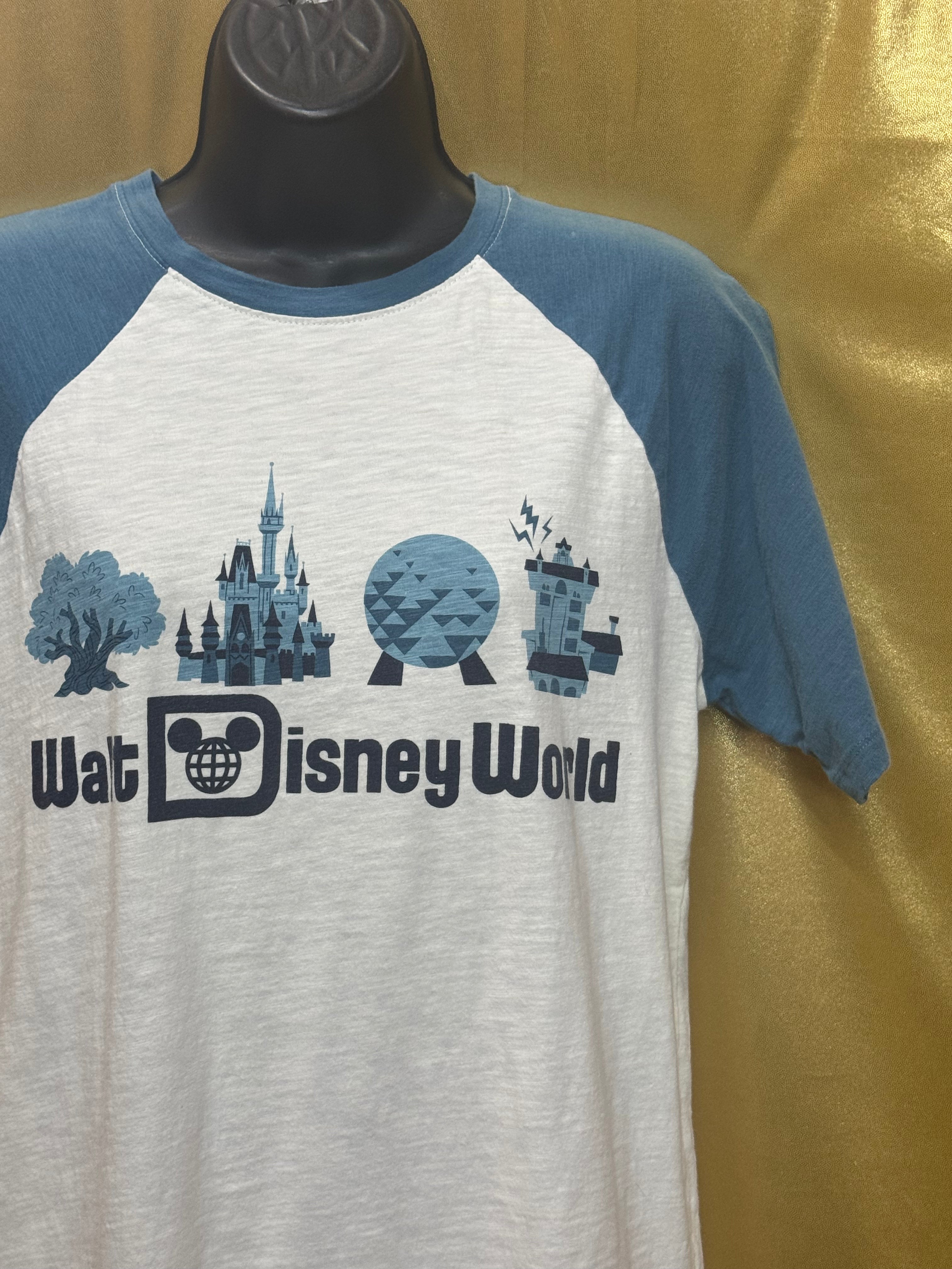 Walt Disney World Four Parks Icons Raglan T-Shirt Small Cream Blue