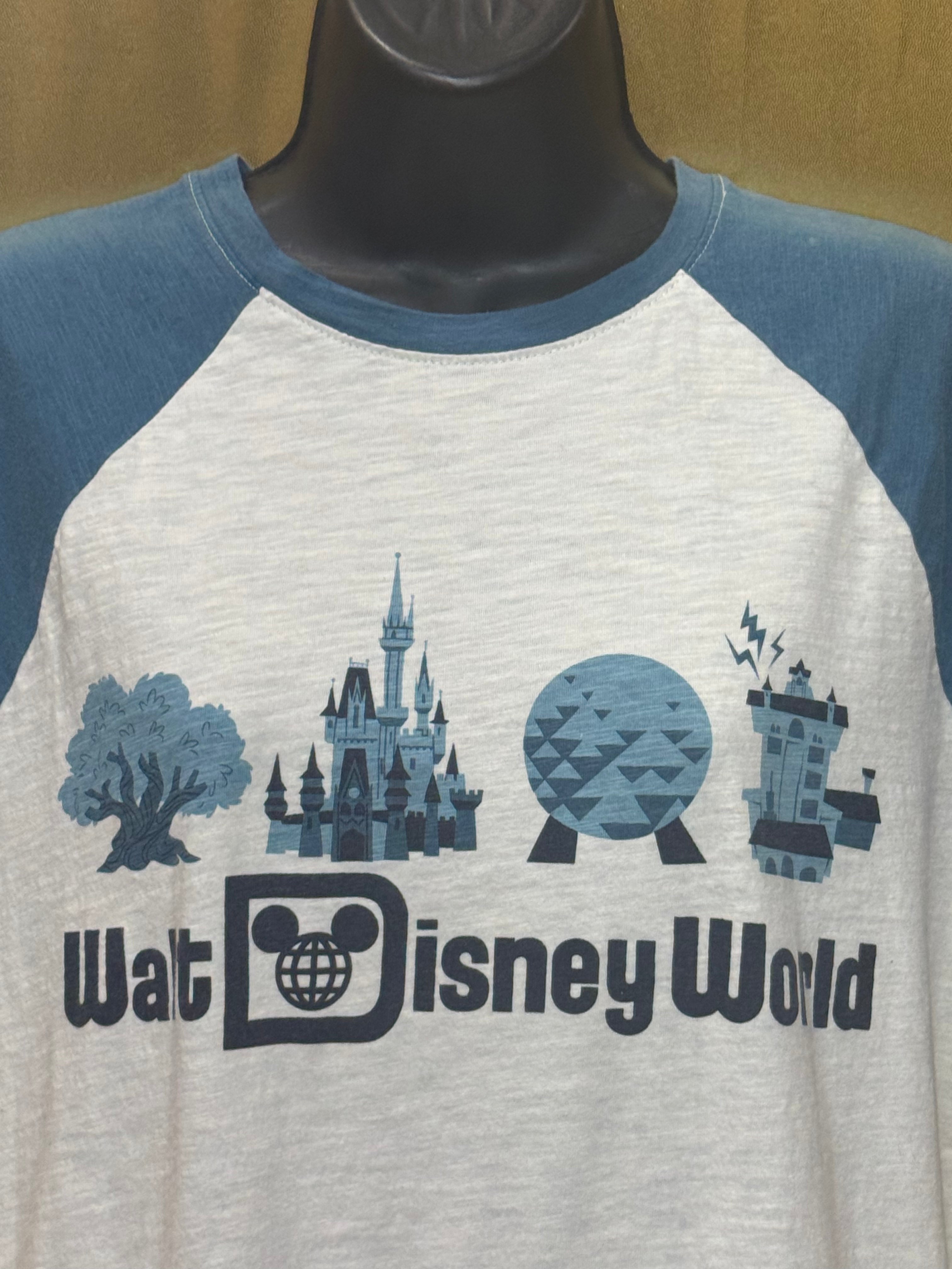 Walt Disney World Four Parks Icons Raglan T-Shirt Small Cream Blue