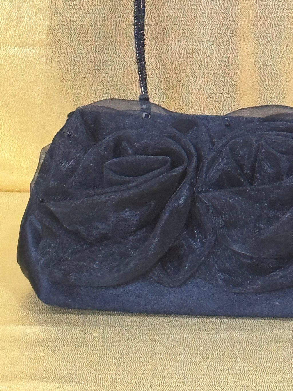Vintage 90s Black Chiffon Triple Rosette Evening Bag | Beaded Strap Prom Wedding Clutch
