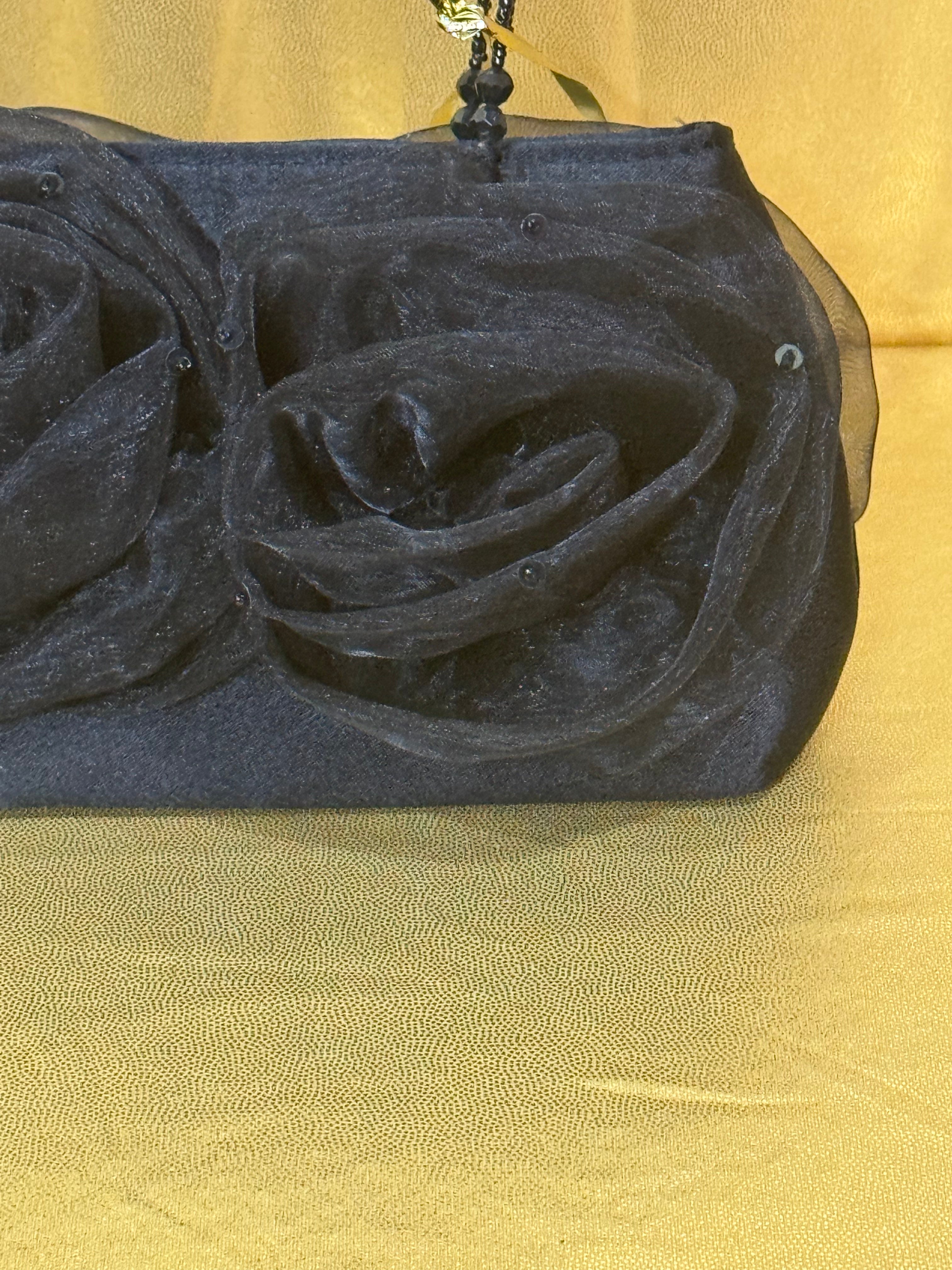 Vintage 90s Black Chiffon Triple Rosette Evening Bag | Beaded Strap Prom Wedding Clutch