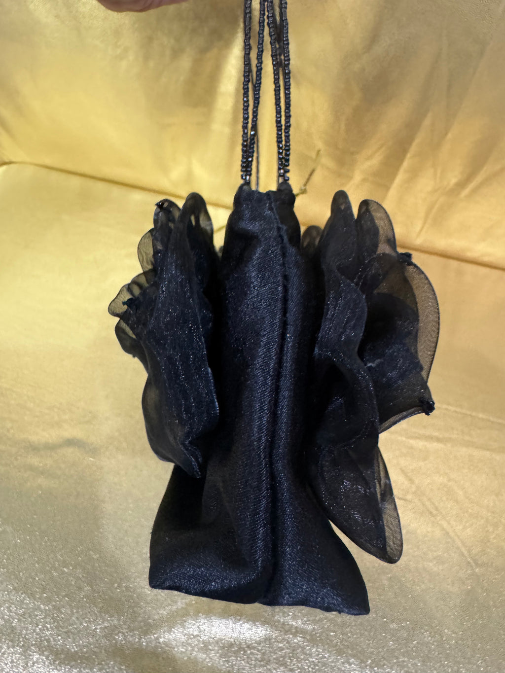 Vintage 90s Black Chiffon Triple Rosette Evening Bag | Beaded Strap Prom Wedding Clutch