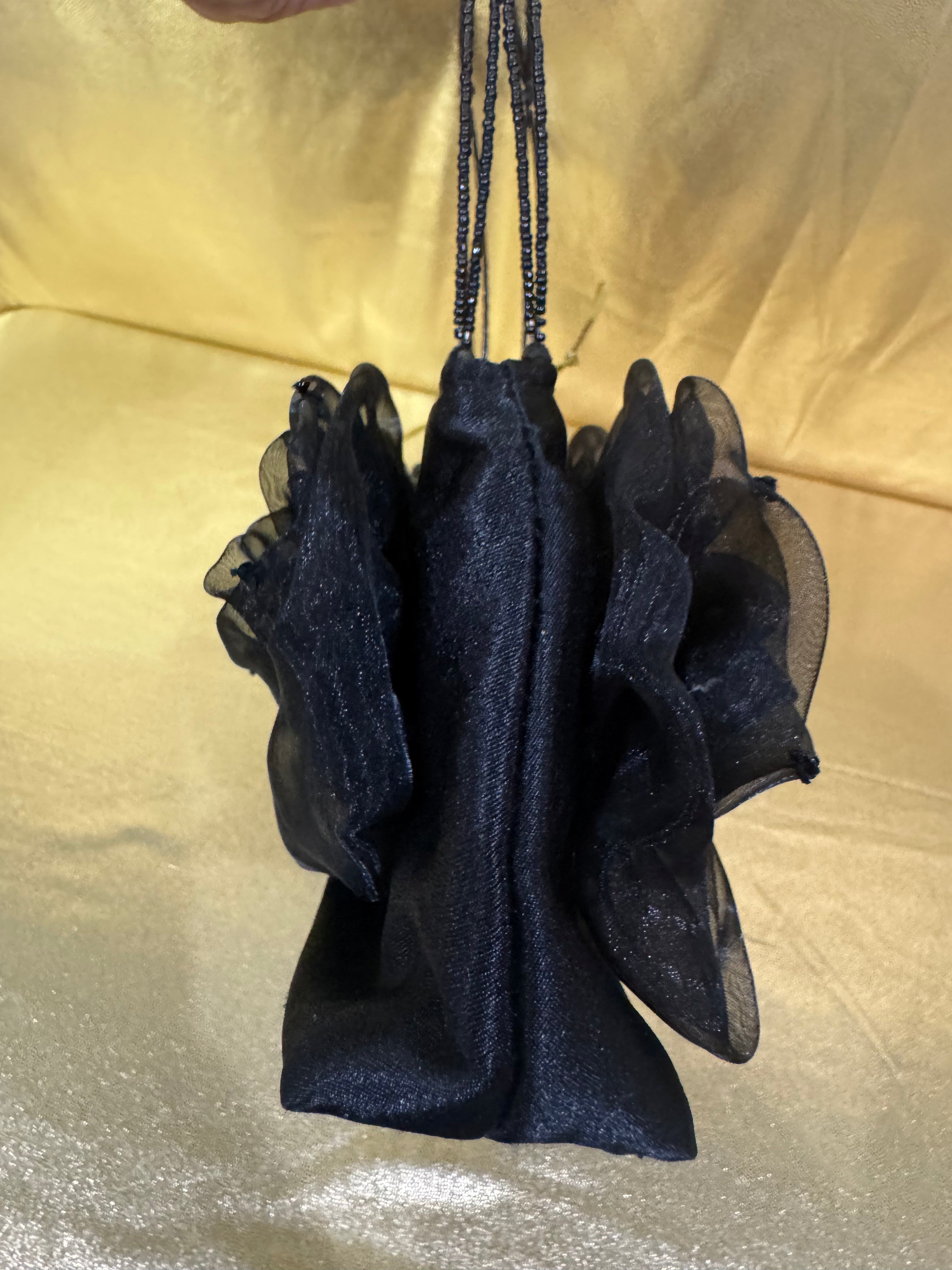 Vintage 90s Black Chiffon Triple Rosette Evening Bag | Beaded Strap Prom Wedding Clutch