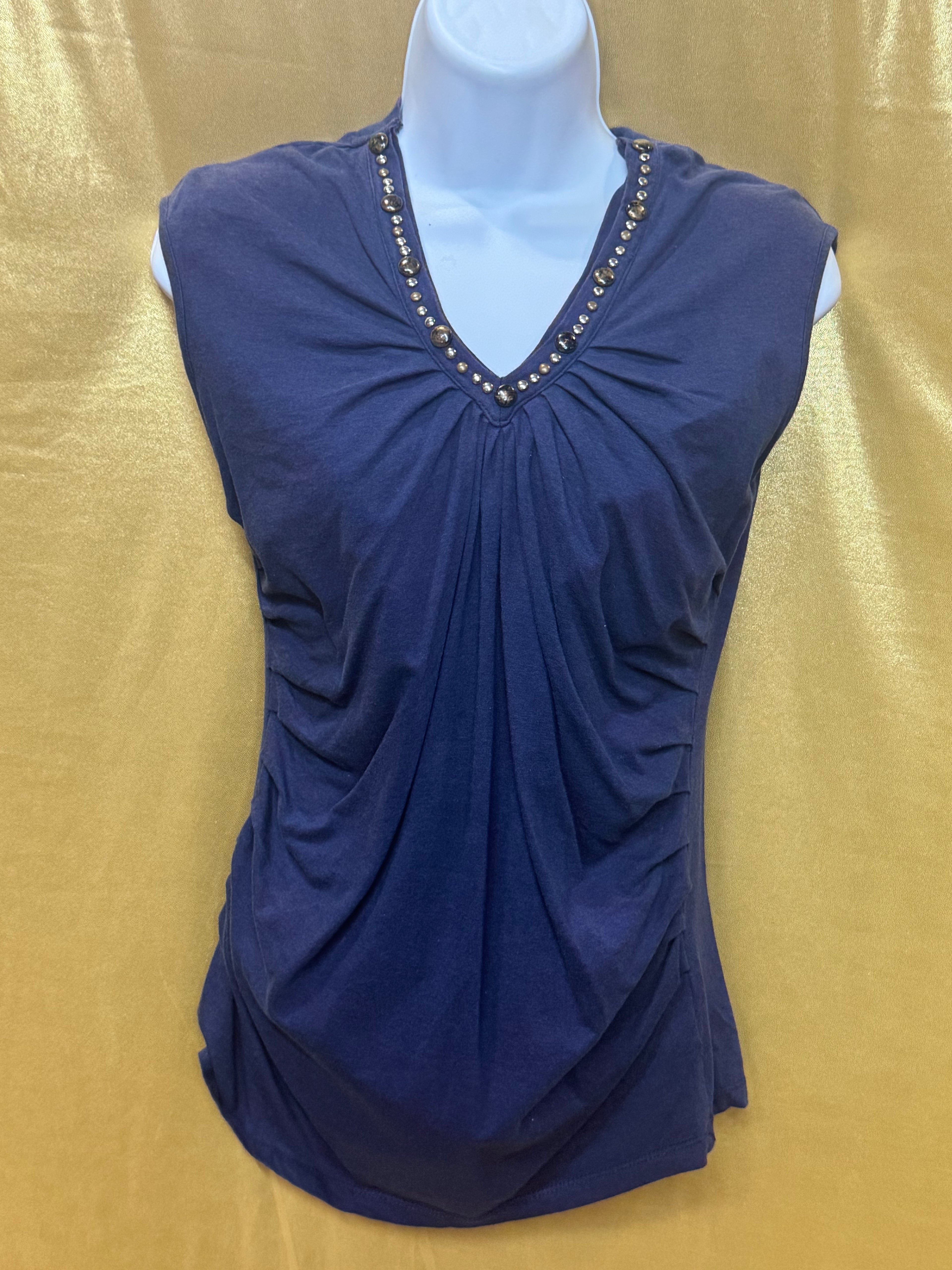 KIKIT Navy Blue Ruched Embellished V-Neck Sleeveless Top Sz S Cotton Modal