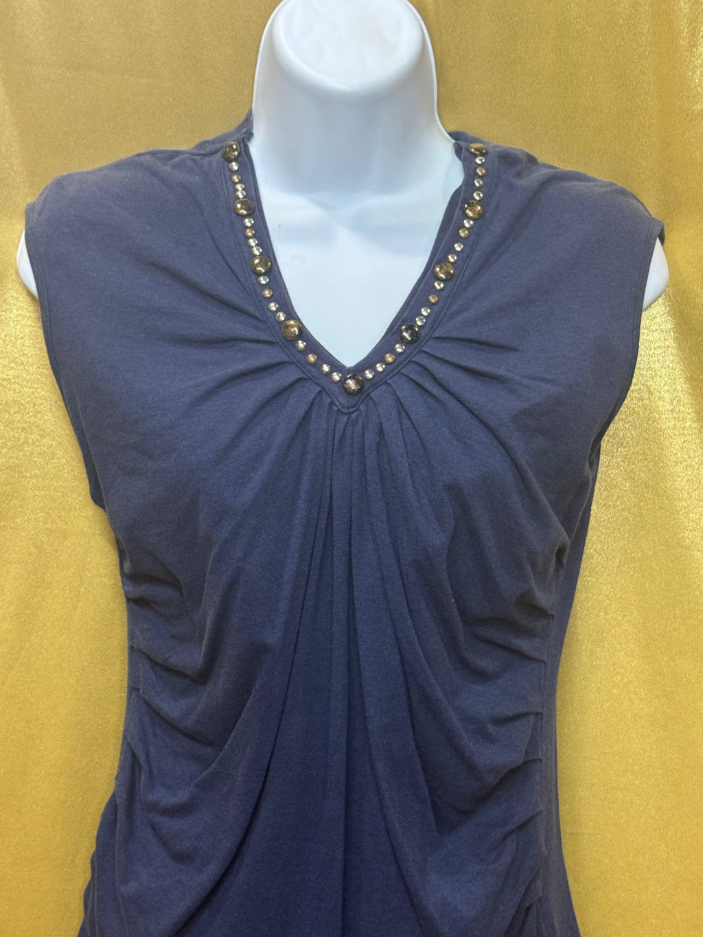 KIKIT Navy Blue Ruched Embellished V-Neck Sleeveless Top Sz S Cotton Modal