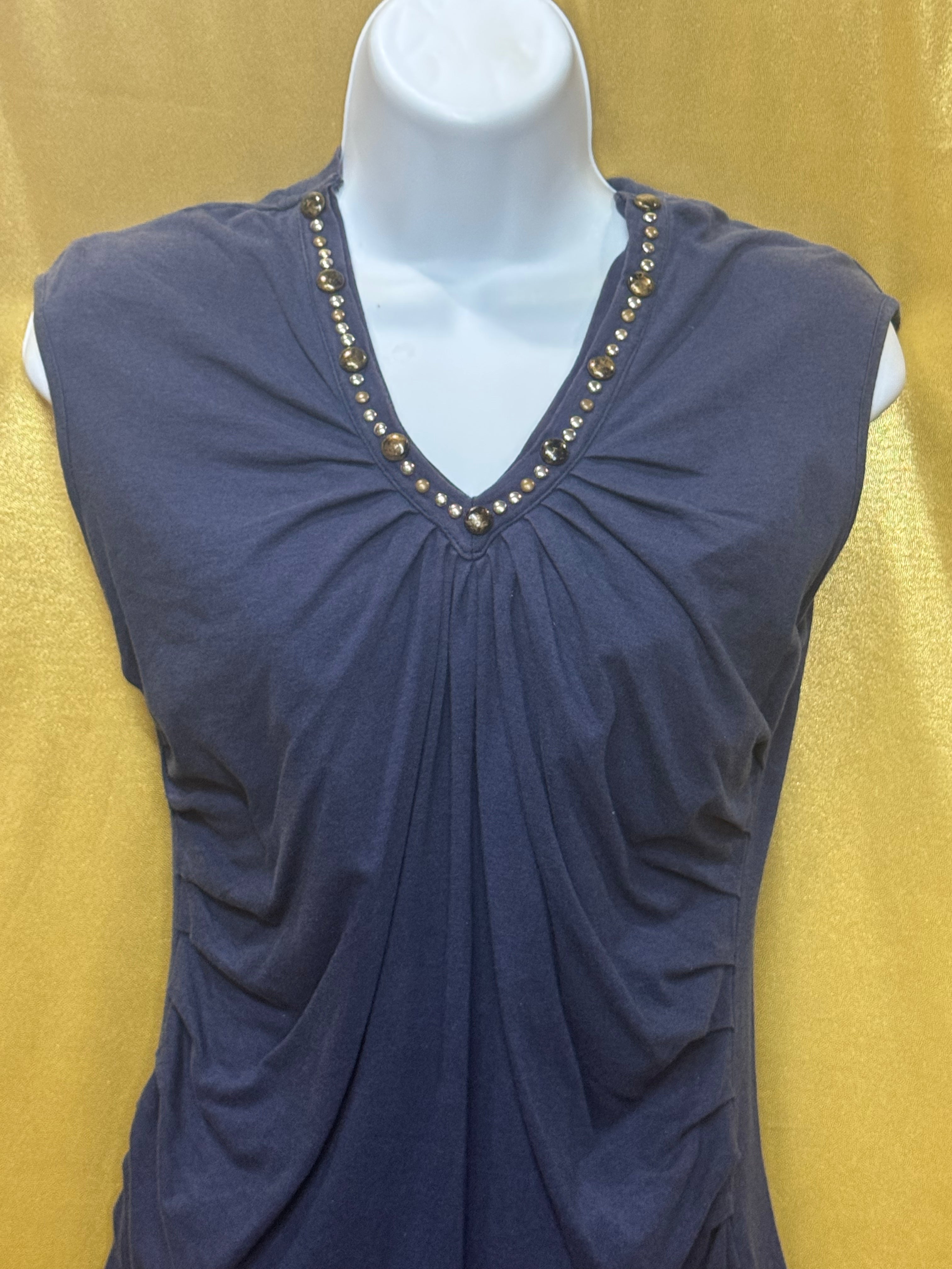 KIKIT Navy Blue Ruched Embellished V-Neck Sleeveless Top Sz S Cotton Modal