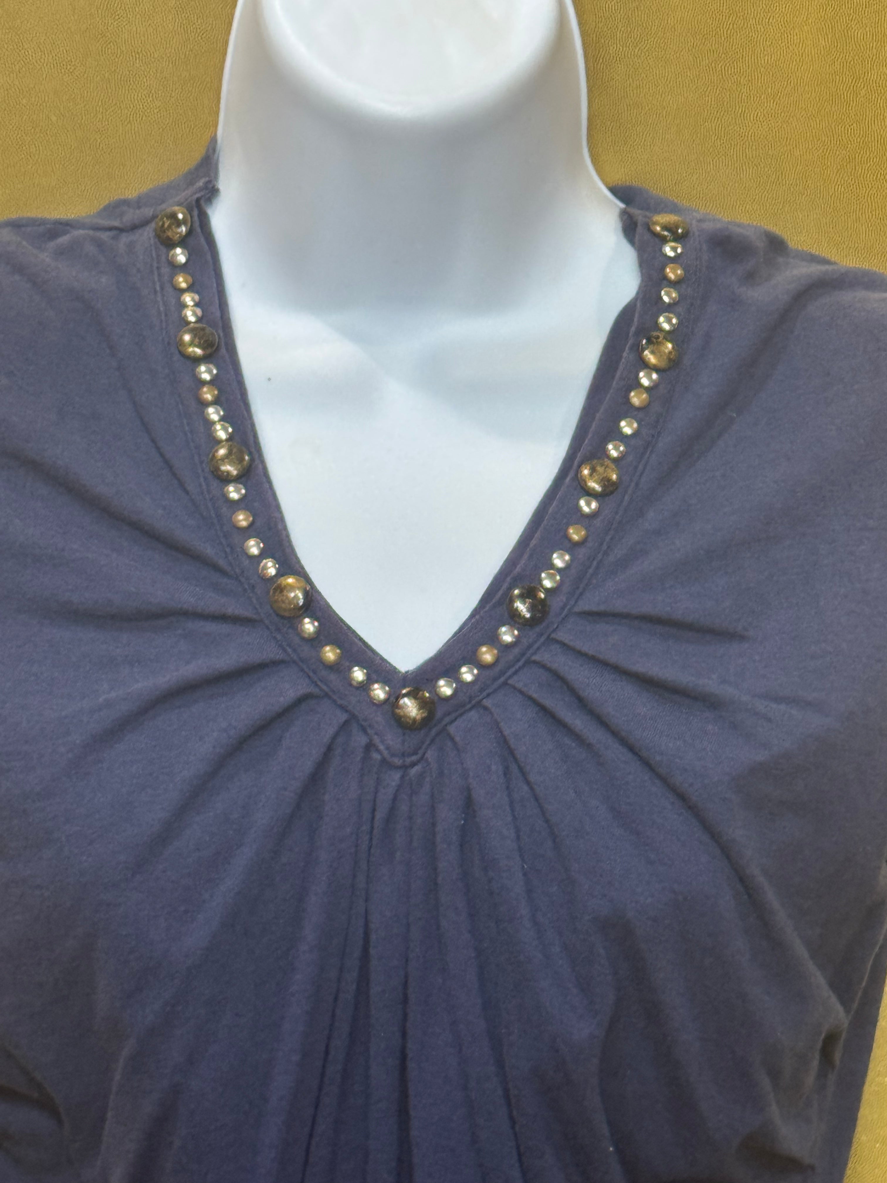 KIKIT Navy Blue Ruched Embellished V-Neck Sleeveless Top Sz S Cotton Modal