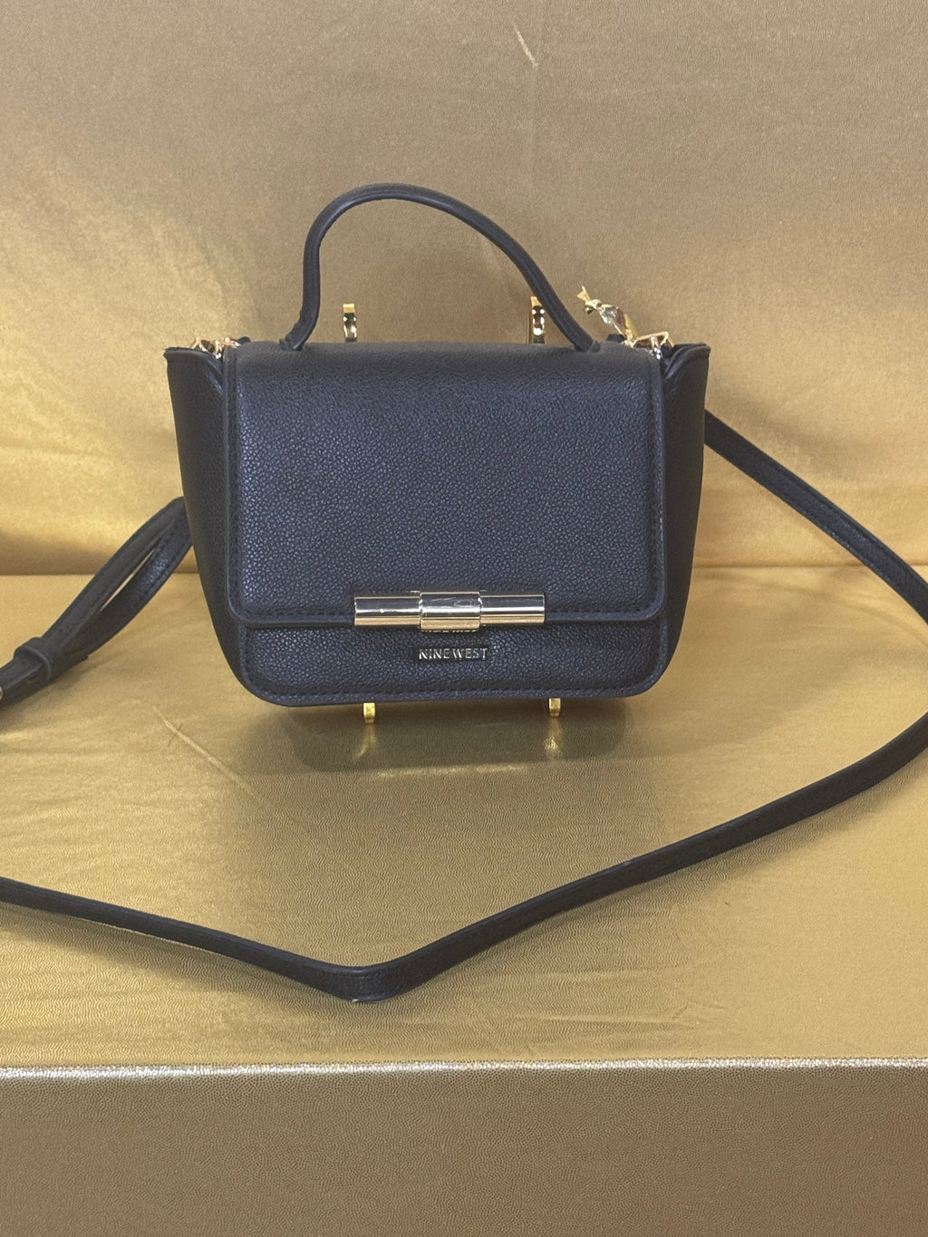 Nine West Hollis Mini Crossbody Flap Bag - Textured Black with Gold Clasp