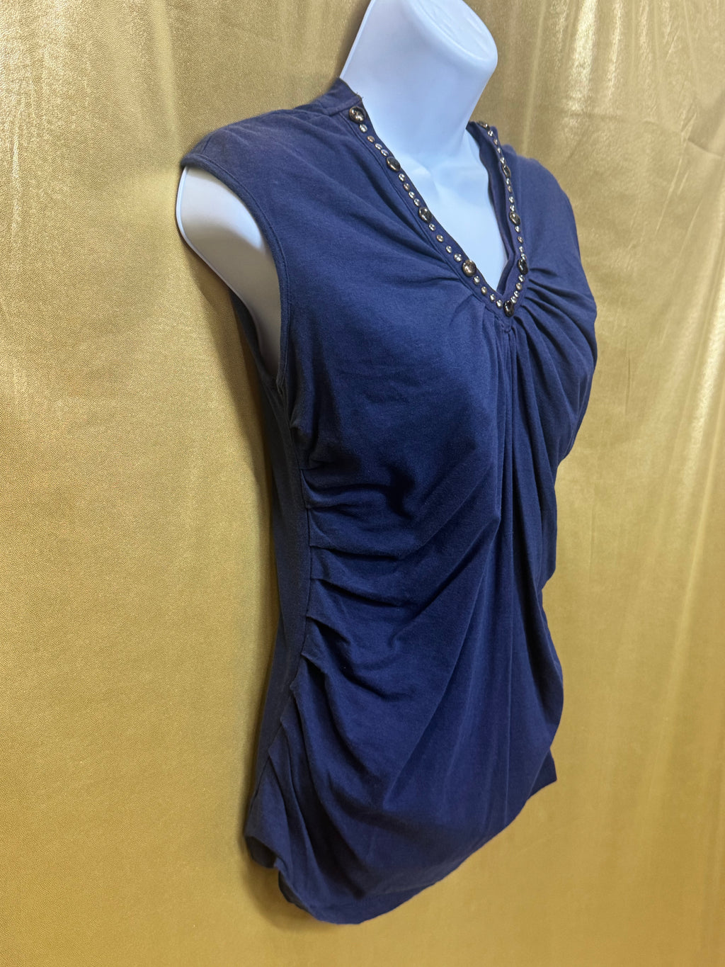 KIKIT Navy Blue Ruched Embellished V-Neck Sleeveless Top Sz S Cotton Modal