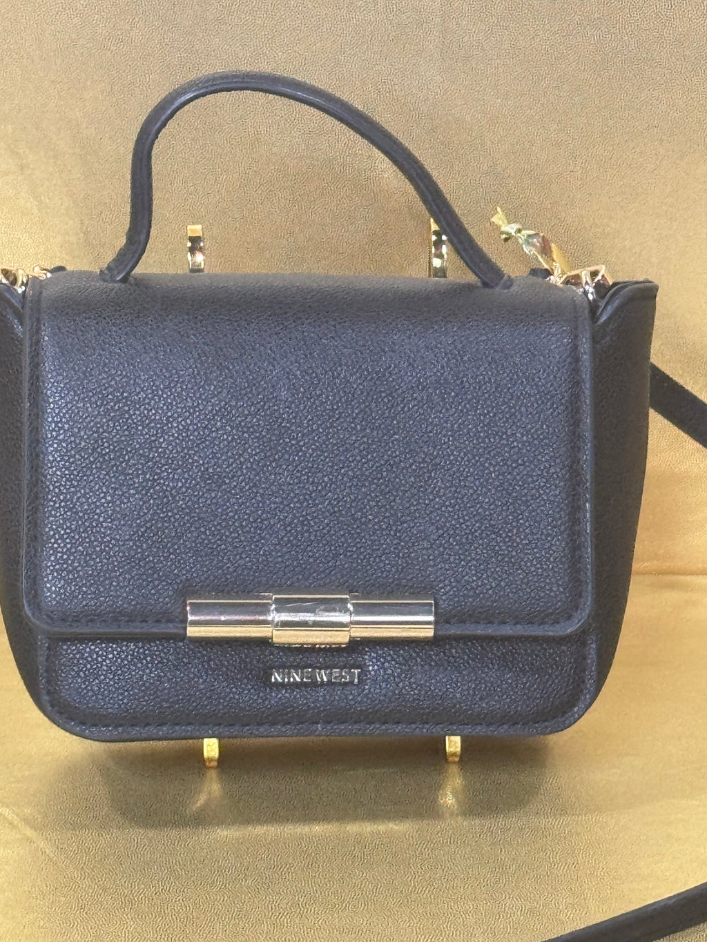 Nine West Hollis Mini Crossbody Flap Bag - Textured Black with Gold Clasp