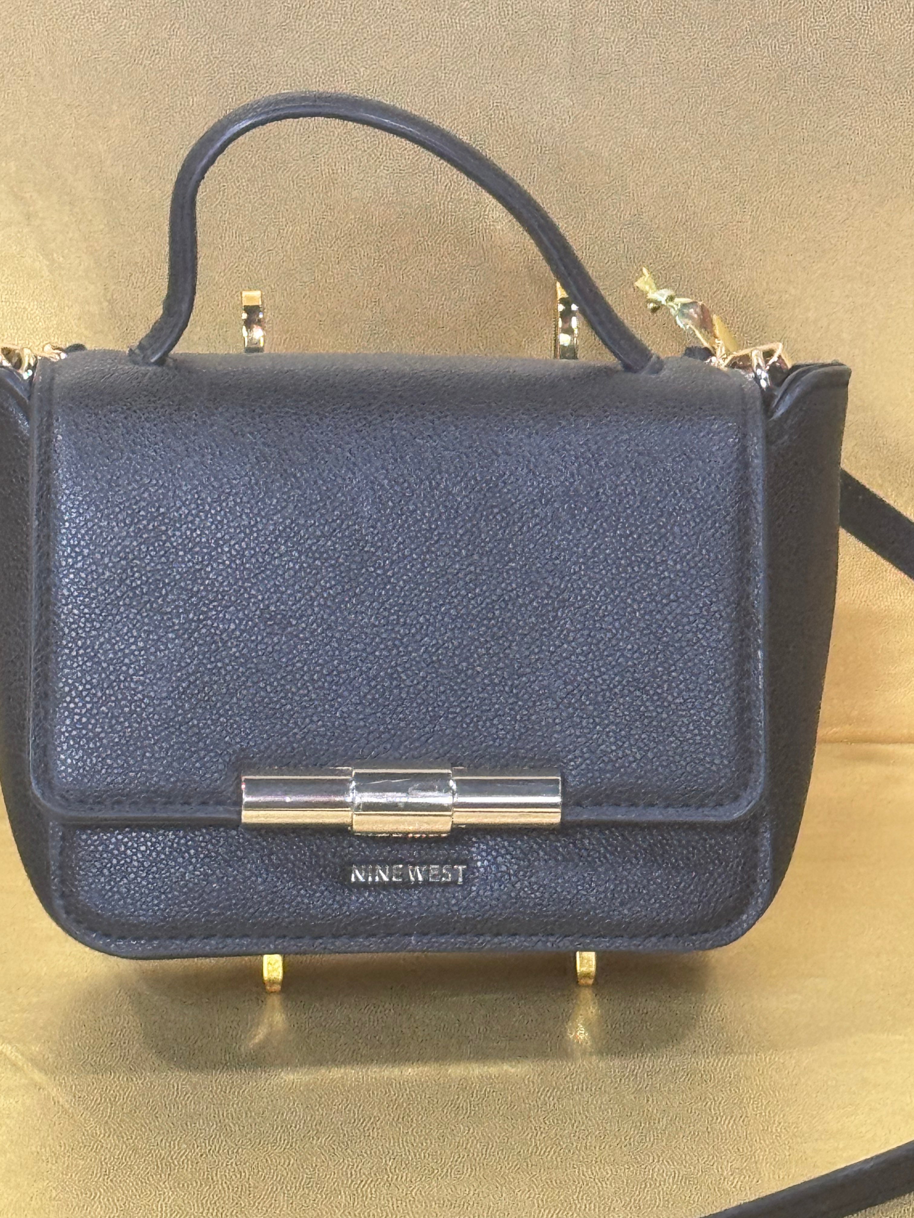 Nine West Hollis Mini Crossbody Flap Bag - Textured Black with Gold Clasp