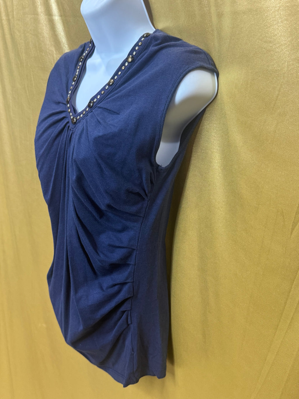 KIKIT Navy Blue Ruched Embellished V-Neck Sleeveless Top Sz S Cotton Modal