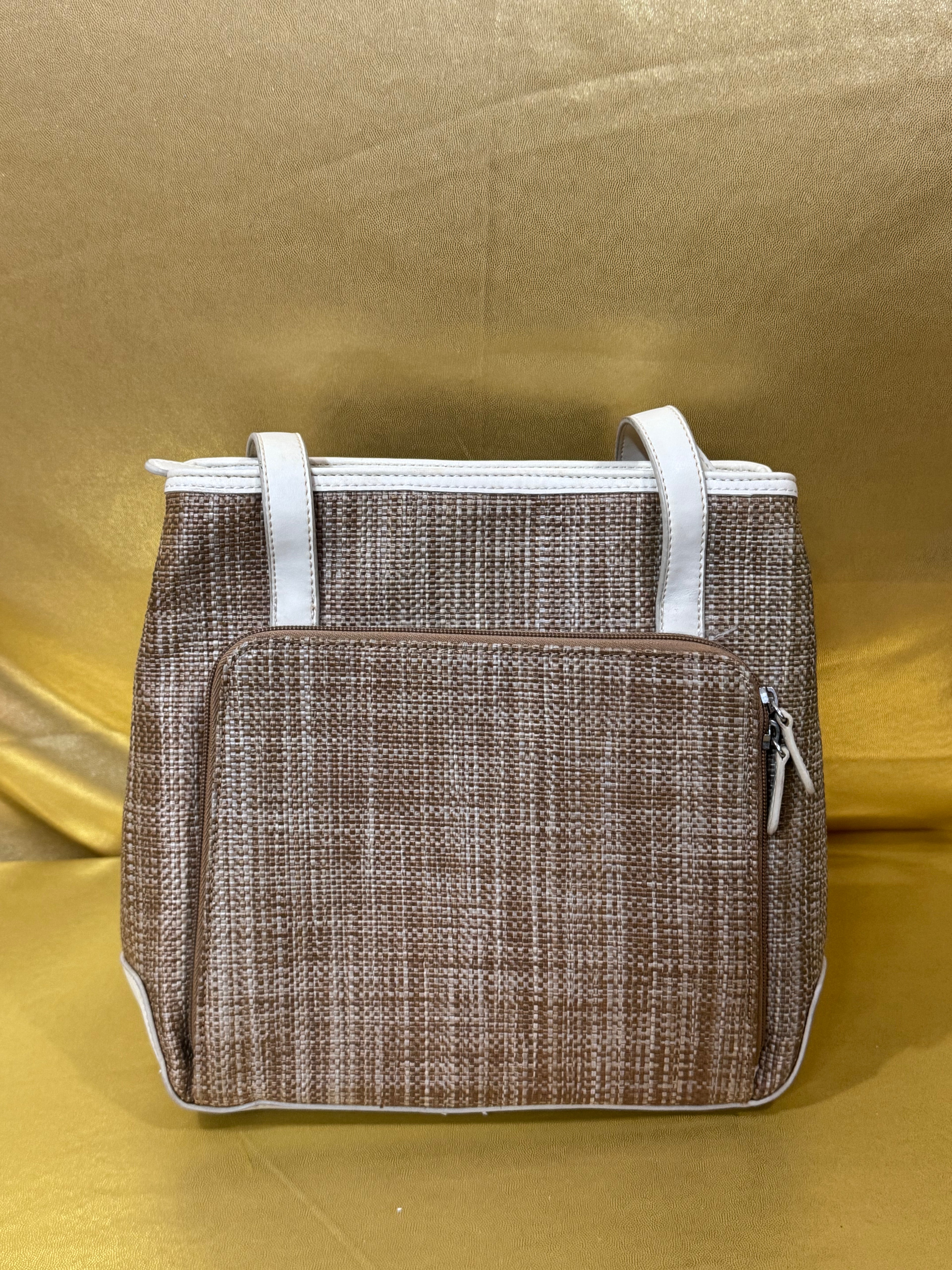 Liz Claiborne Vintage Cream & Woven Straw Shoulder Tote Bag