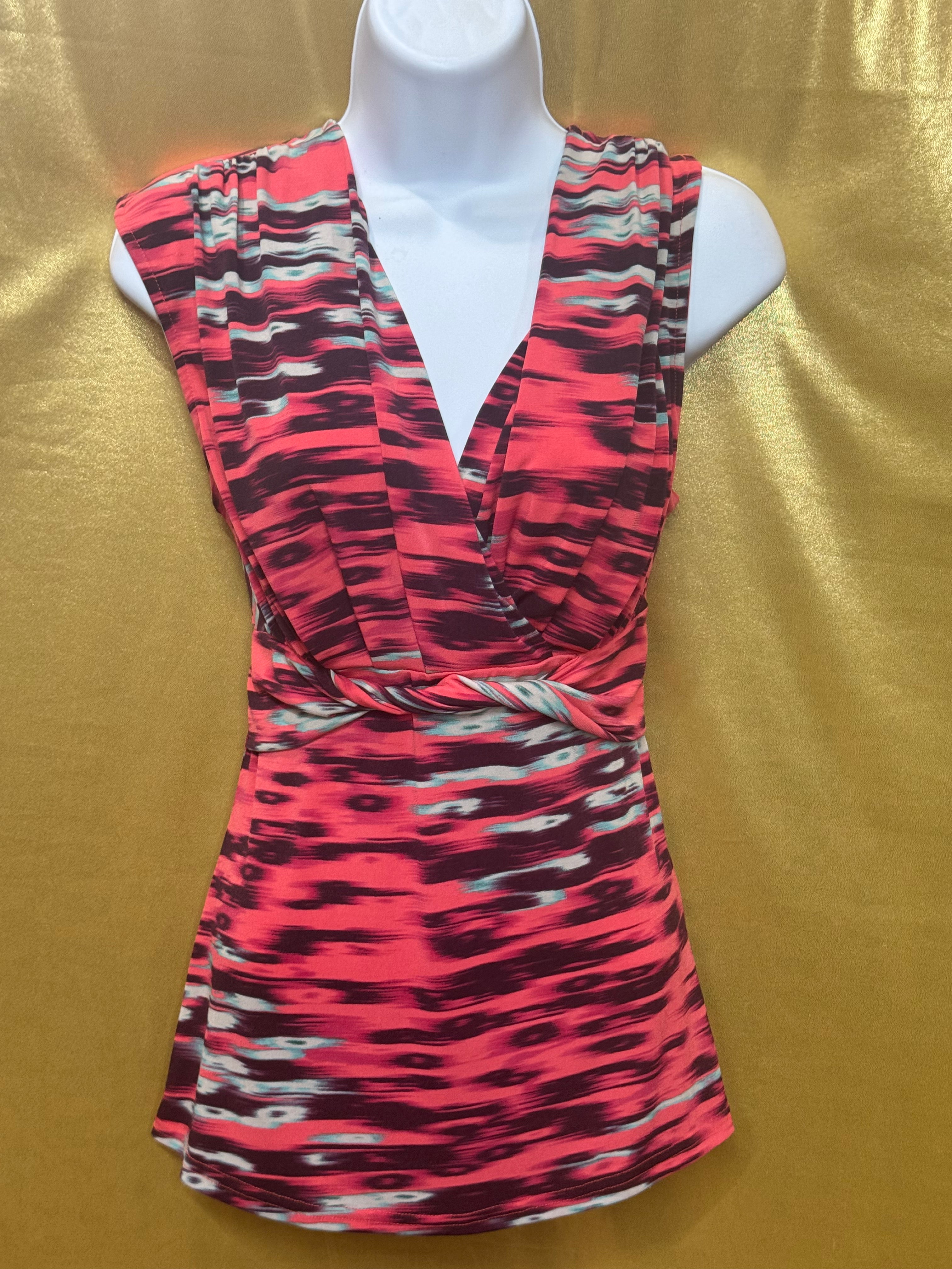 Attention Coral Abstract Ikat Print Empire Waist V-Neck Top - Size Small