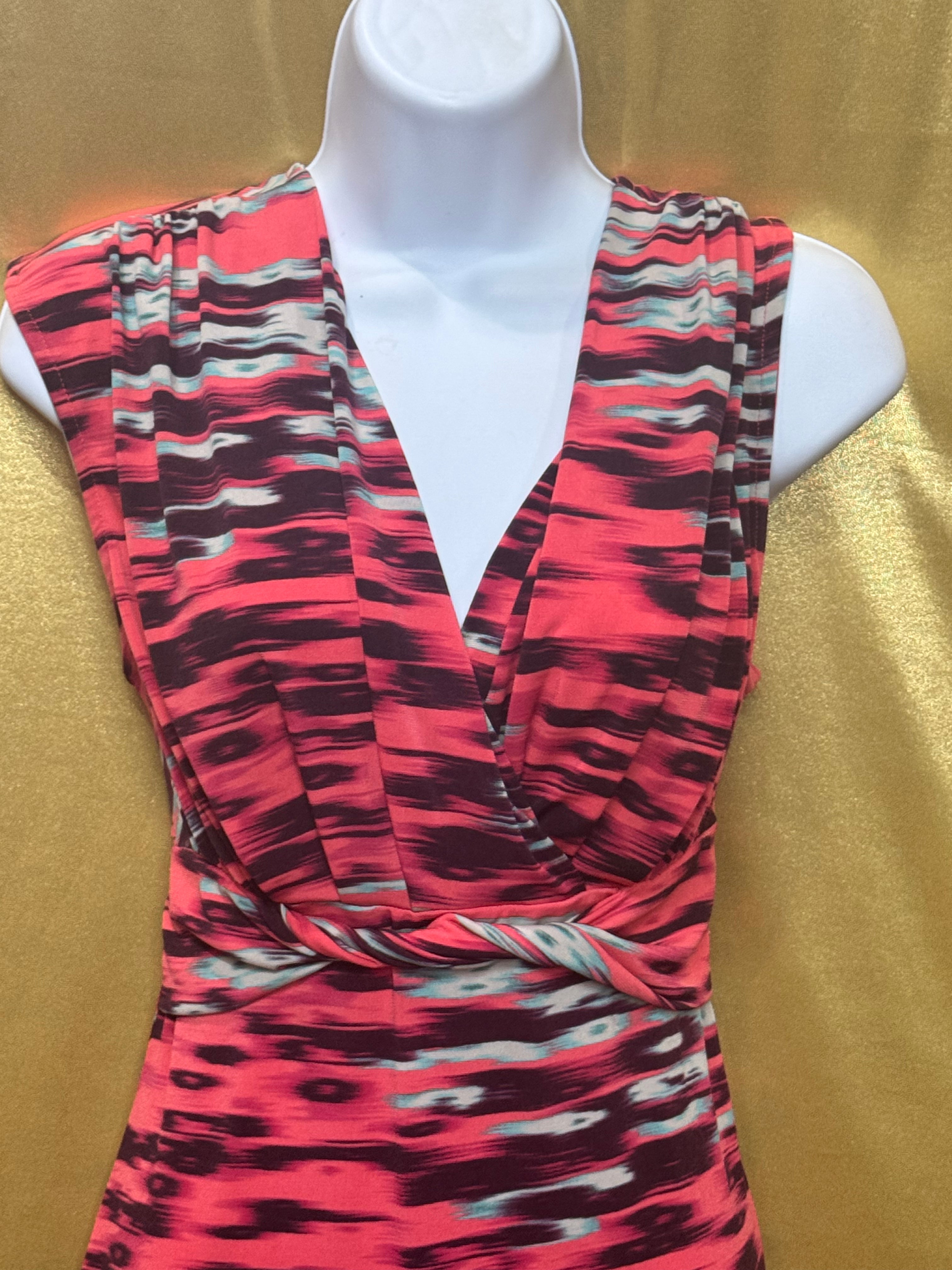 Attention Coral Abstract Ikat Print Empire Waist V-Neck Top - Size Small
