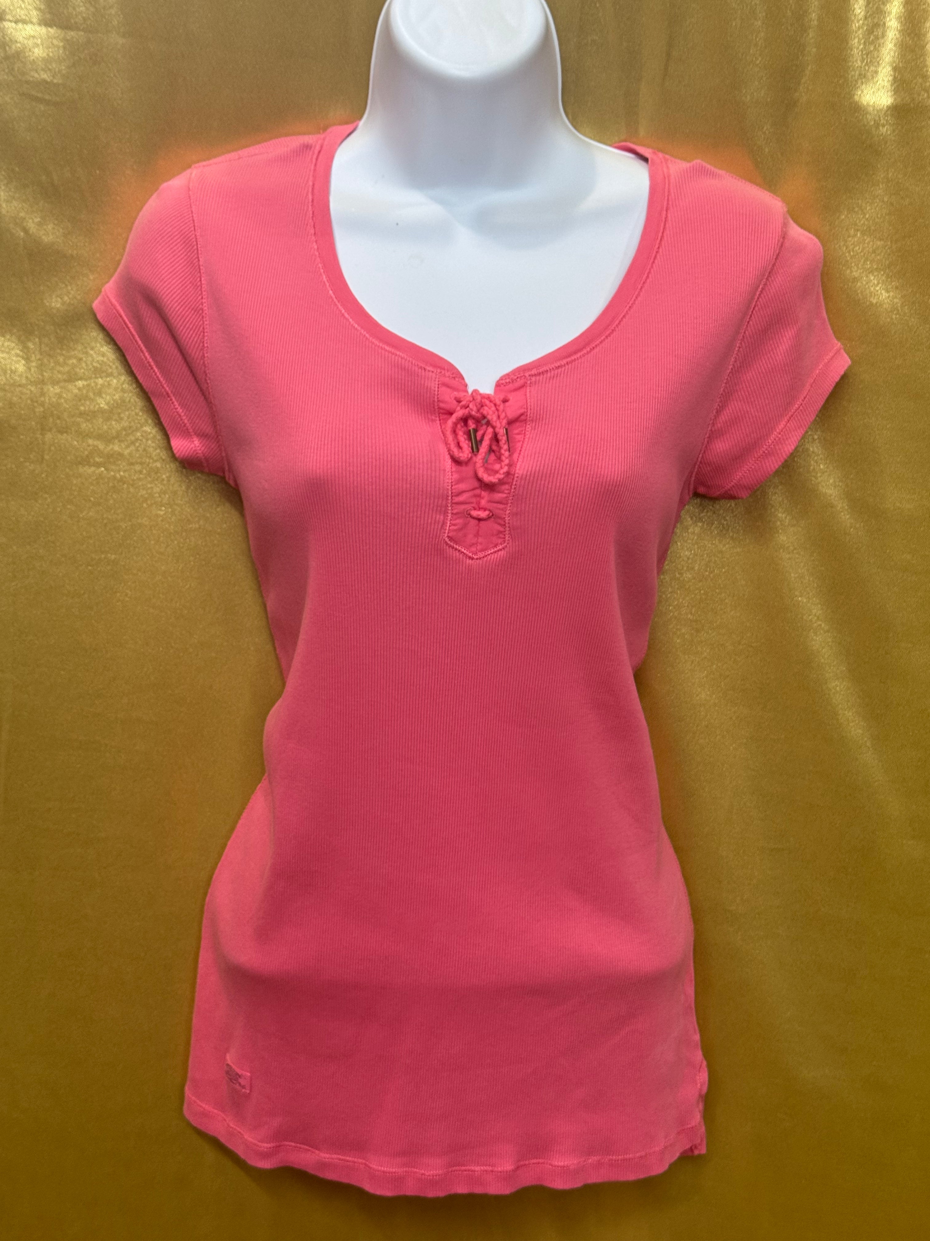 Lauren Ralph Lauren Pink Ribbed Lace-Up Tee Size Small 100% Cotton