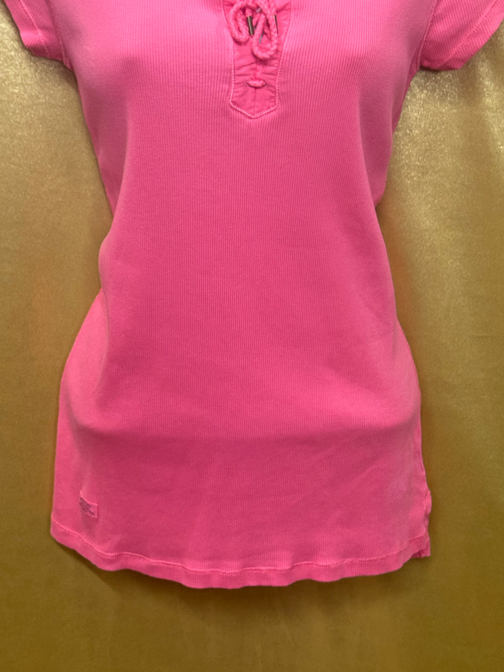 Lauren Ralph Lauren Pink Ribbed Lace-Up Tee Size Small 100% Cotton