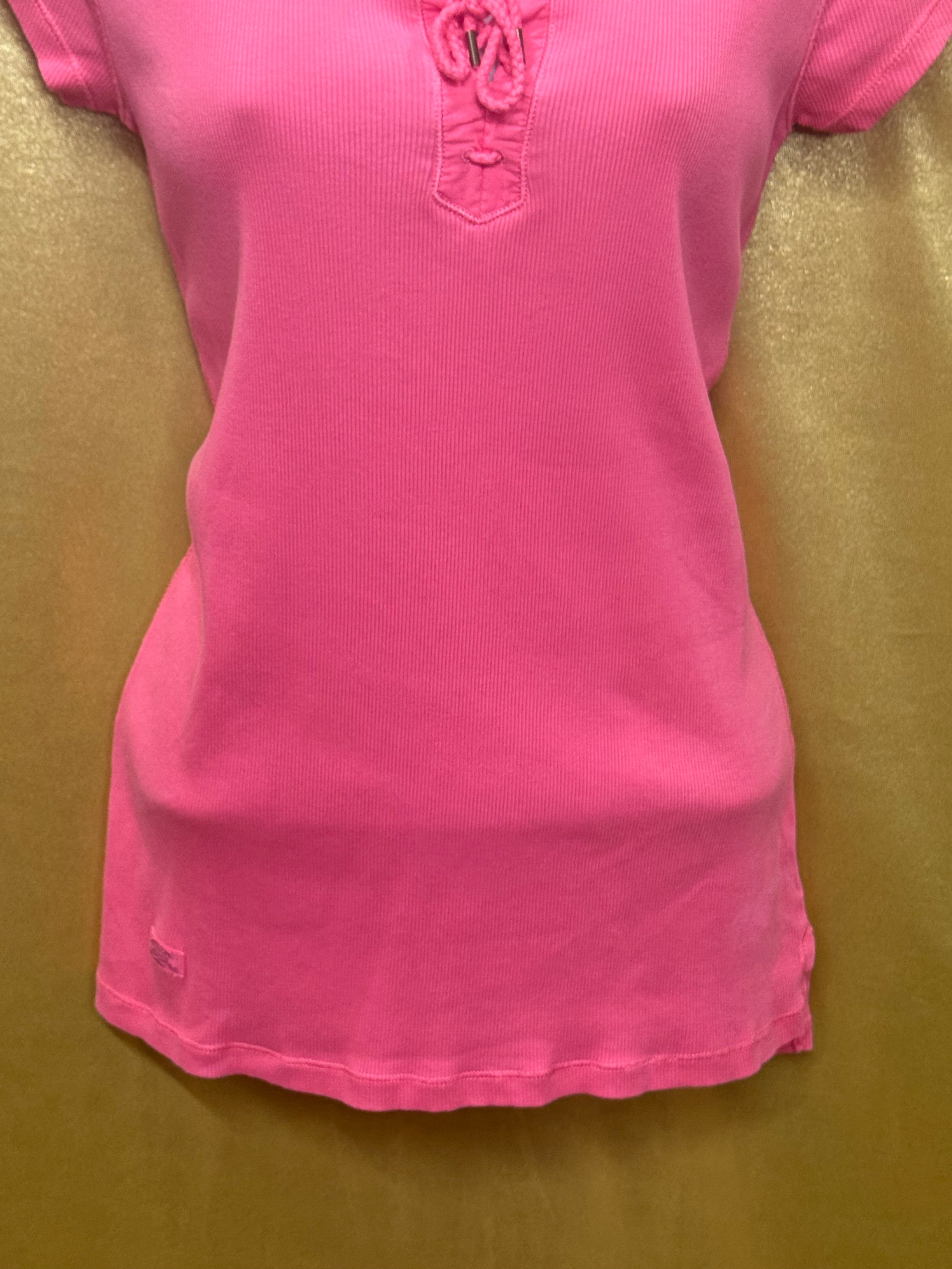 Lauren Ralph Lauren Pink Ribbed Lace-Up Tee Size Small 100% Cotton