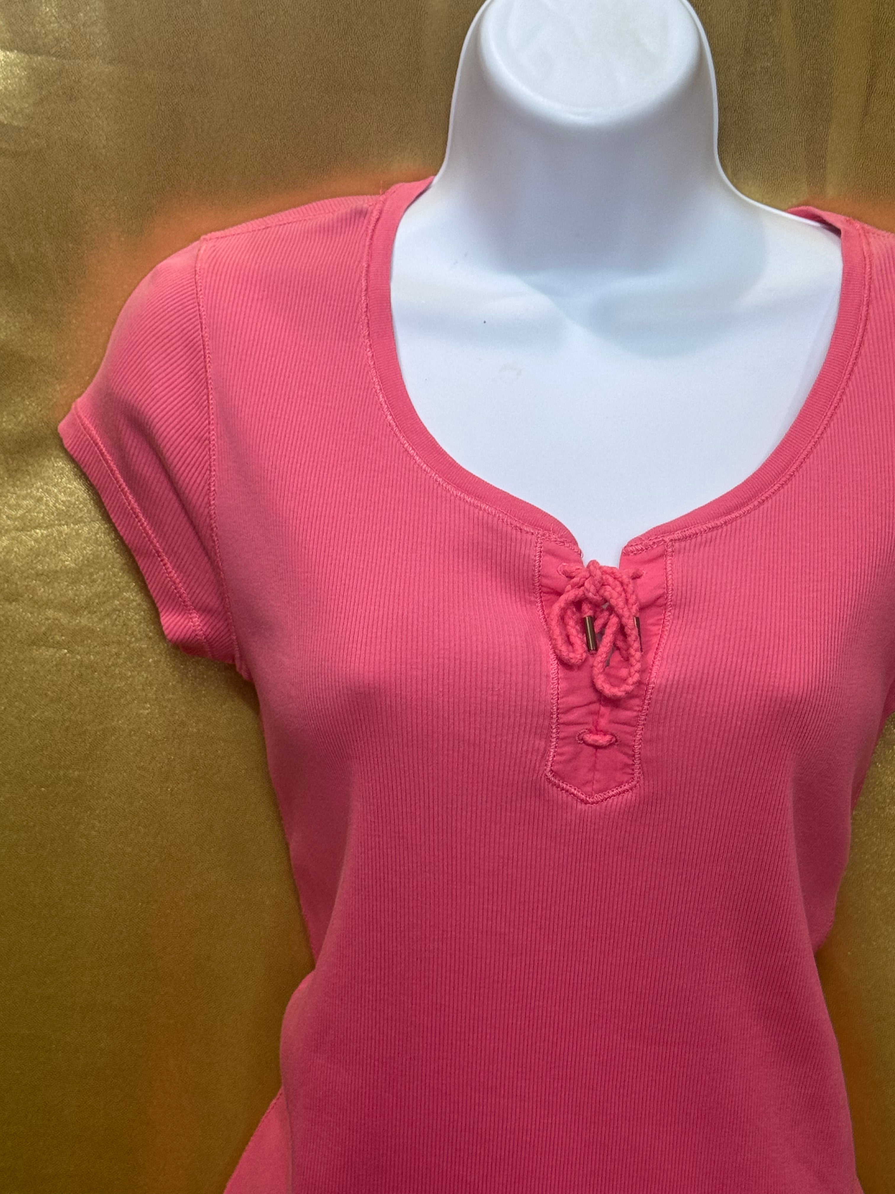 Lauren Ralph Lauren Pink Ribbed Lace-Up Tee Size Small 100% Cotton
