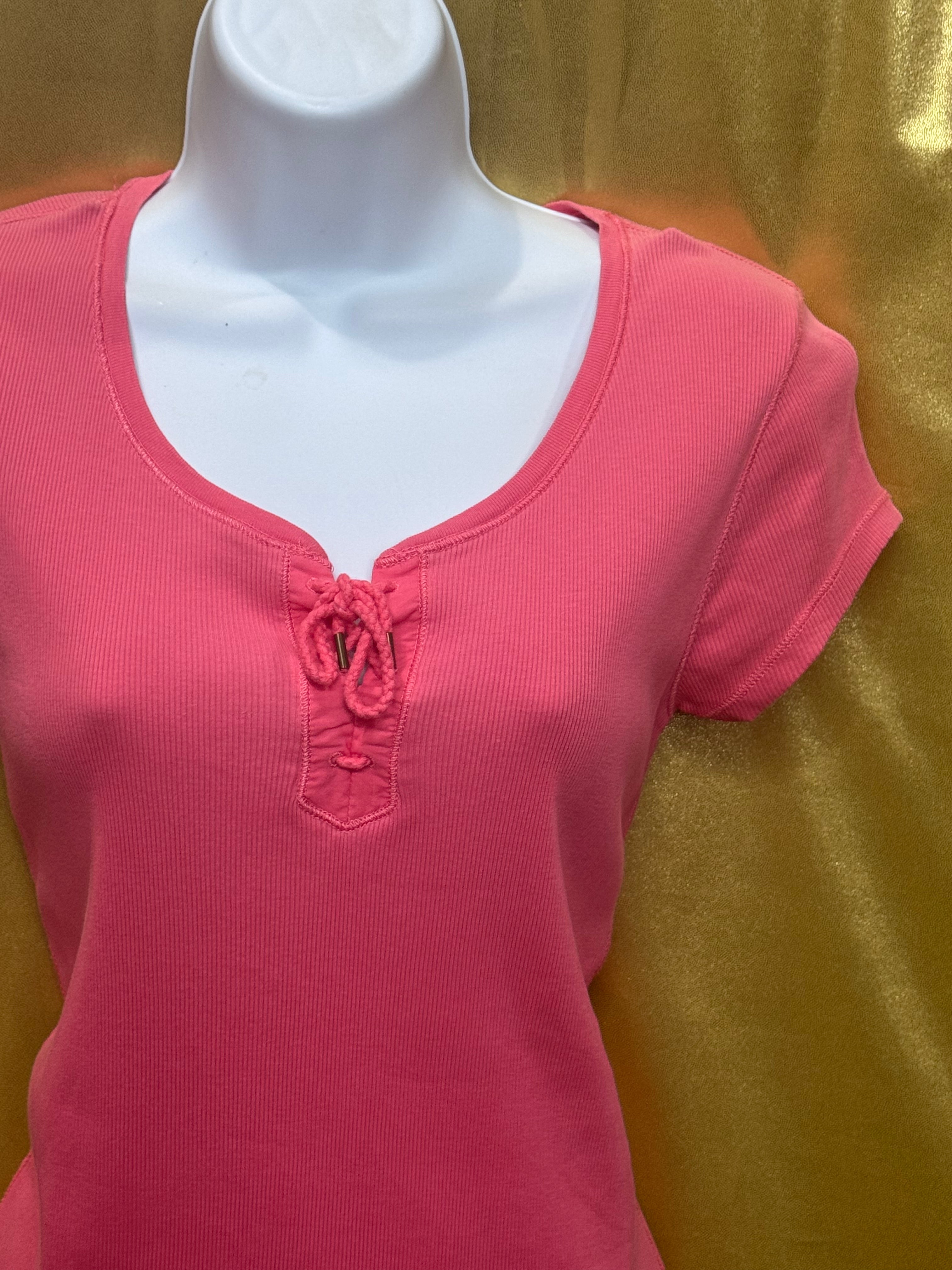 Lauren Ralph Lauren Pink Ribbed Lace-Up Tee Size Small 100% Cotton