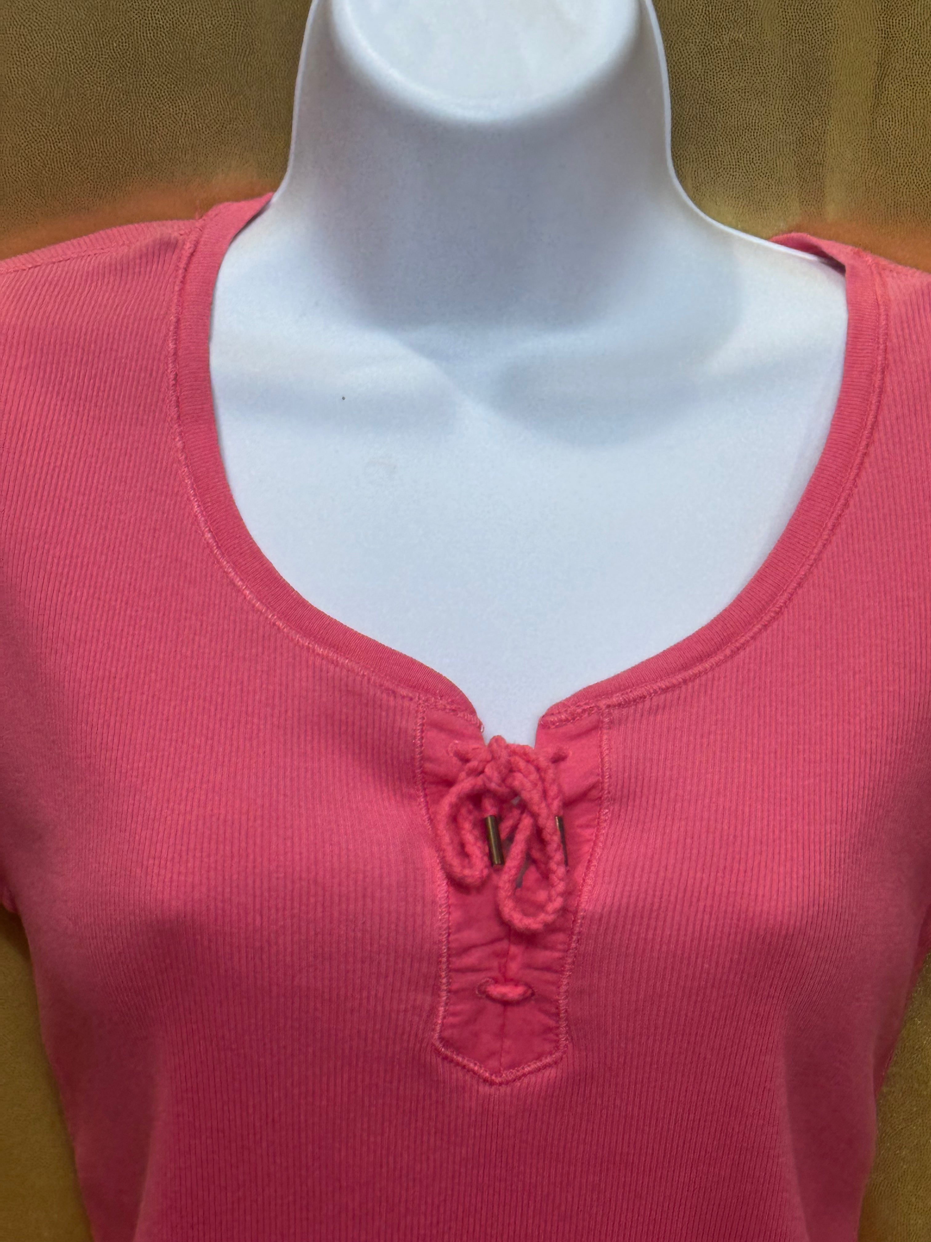 Lauren Ralph Lauren Pink Ribbed Lace-Up Tee Size Small 100% Cotton
