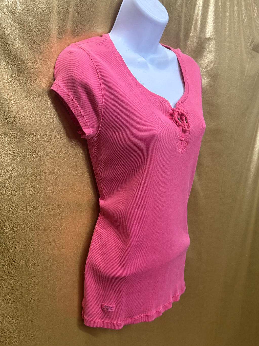 Lauren Ralph Lauren Pink Ribbed Lace-Up Tee Size Small 100% Cotton